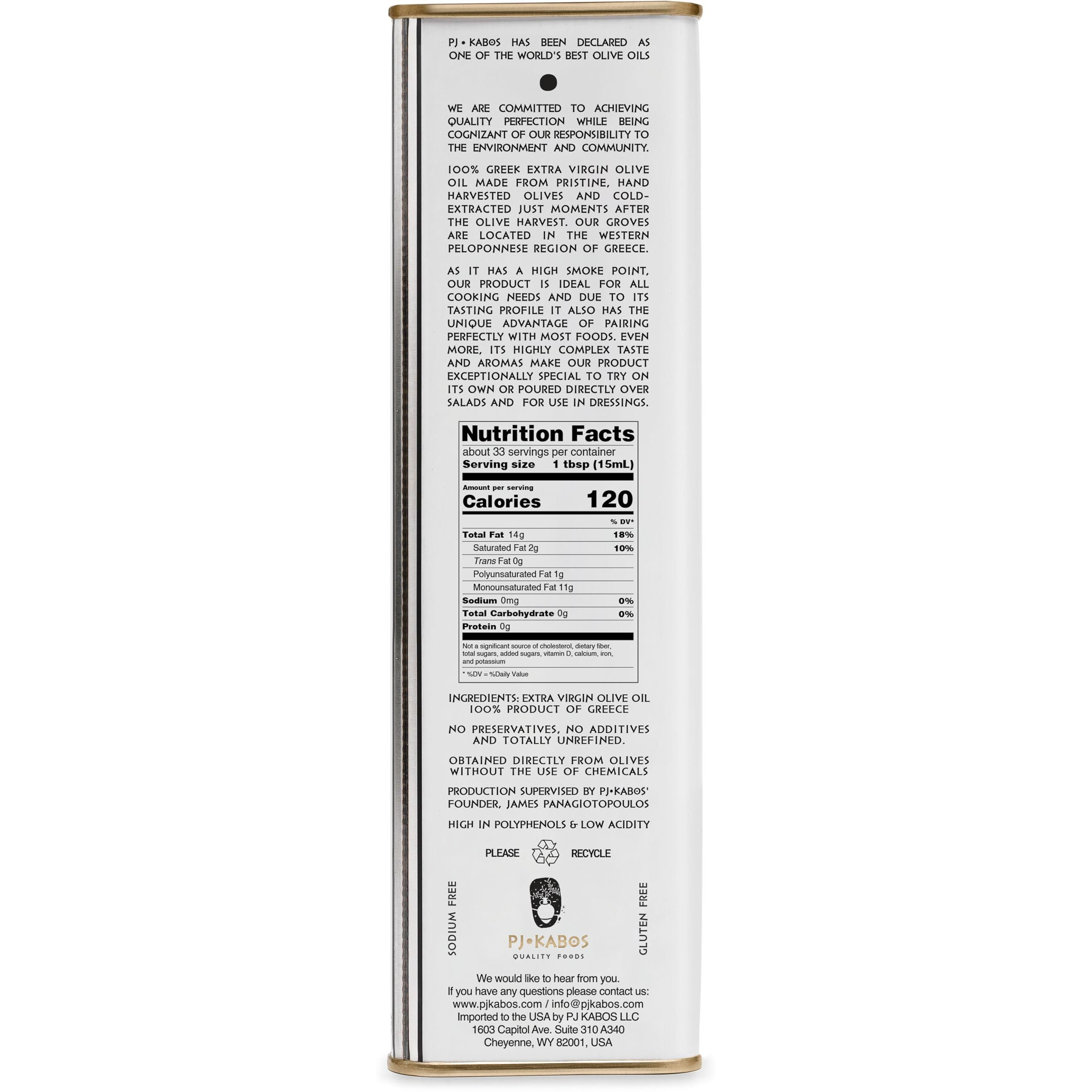 2024 Gold Award Winner, High Phenolic (400+Mg/Kg), Premium Greek Extra Virgin Olive Oil, Medium Intensity, Kosher, Greece Single Origin, Cold Extracted, 16.9 Fl Oz Tin, Koroneiki, Pj Kabos Family Reserve - Medium