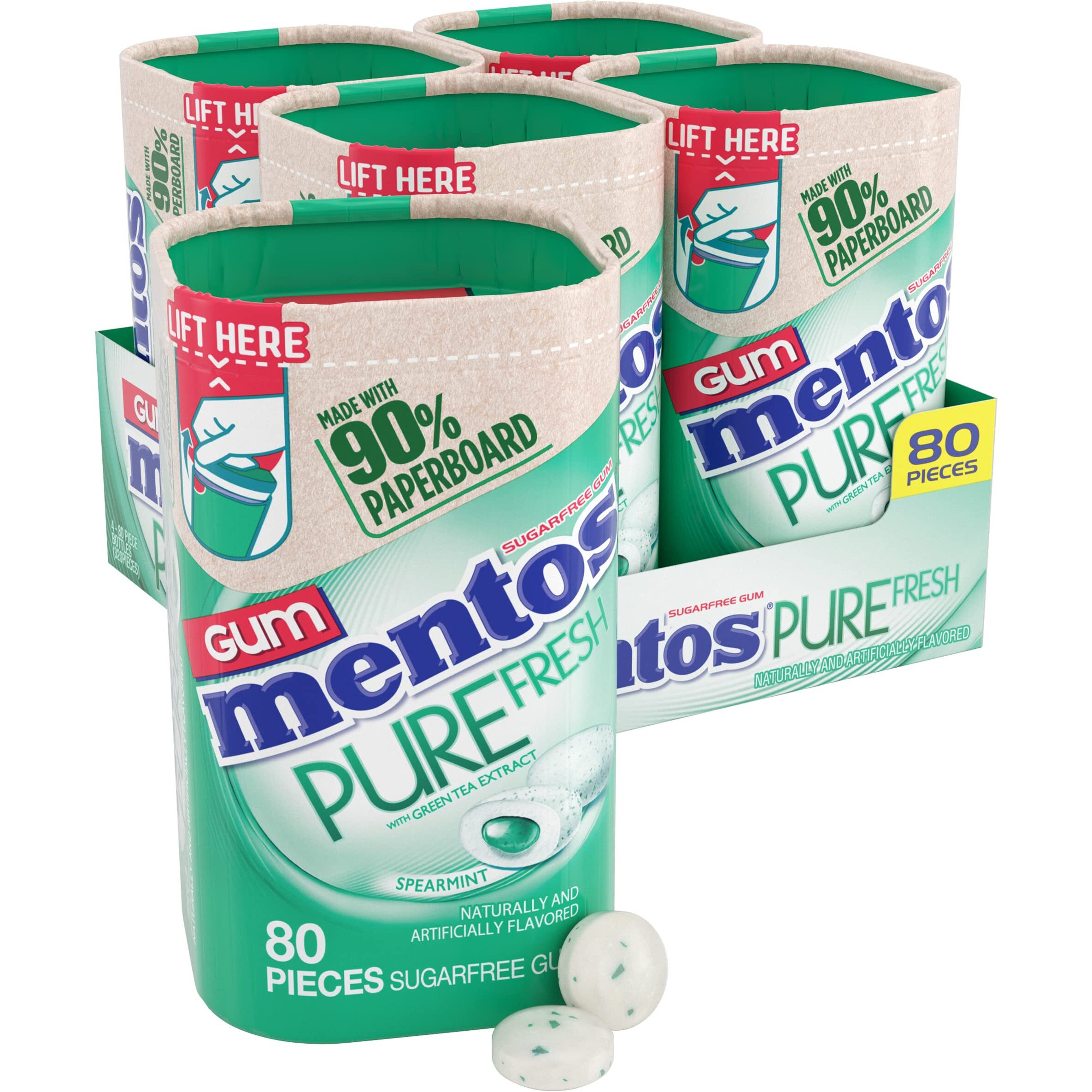 Mentos Pure Fresh Sugar-Free Chewing Gum With Xylitol, Spearmint, In A Recyclable 90% Paperboard Bottle, 80 Piece, Pack Of 4 Bottles