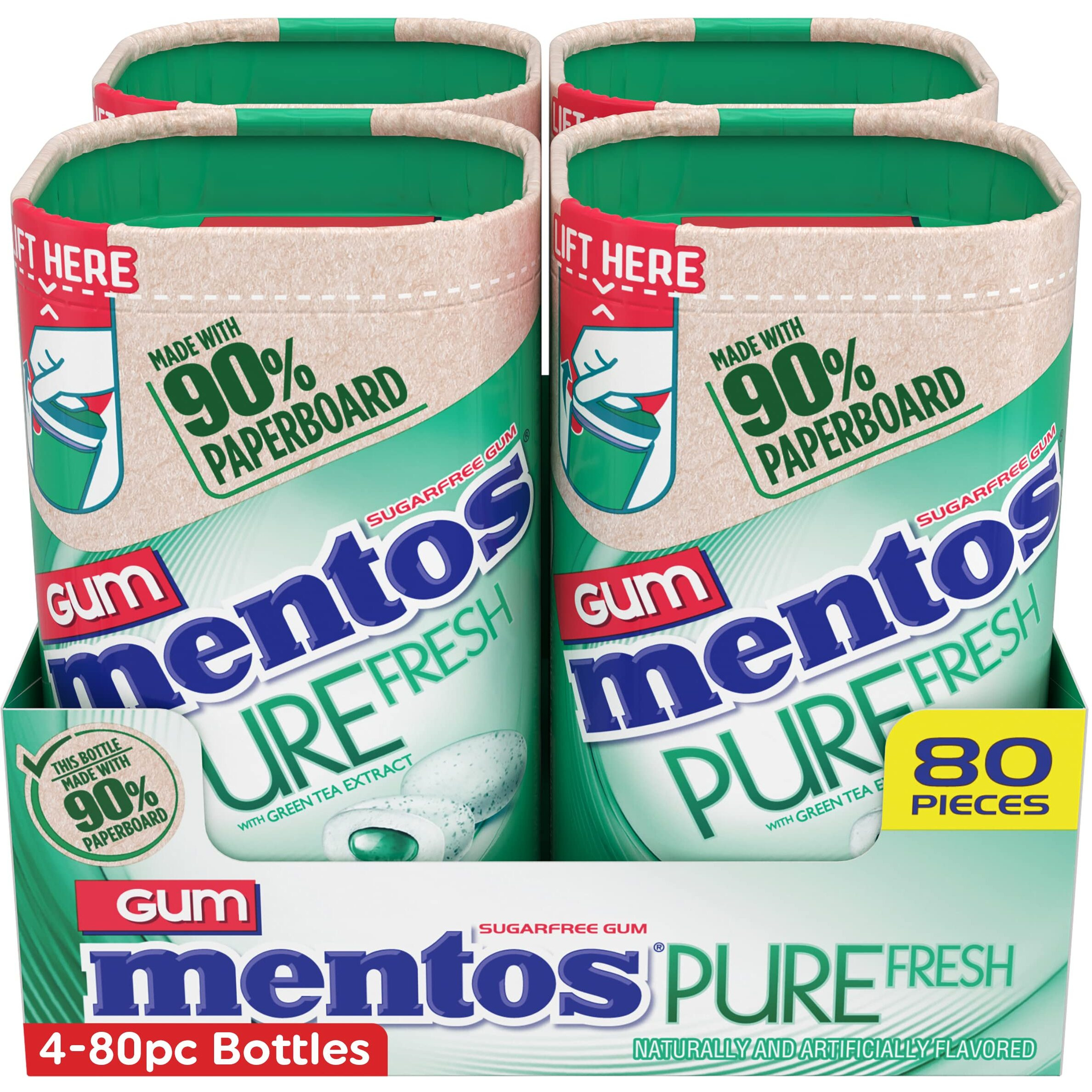 Mentos Pure Fresh Sugar-Free Chewing Gum With Xylitol, Spearmint, In A Recyclable 90% Paperboard Bottle, 80 Piece, Pack Of 4 Bottles