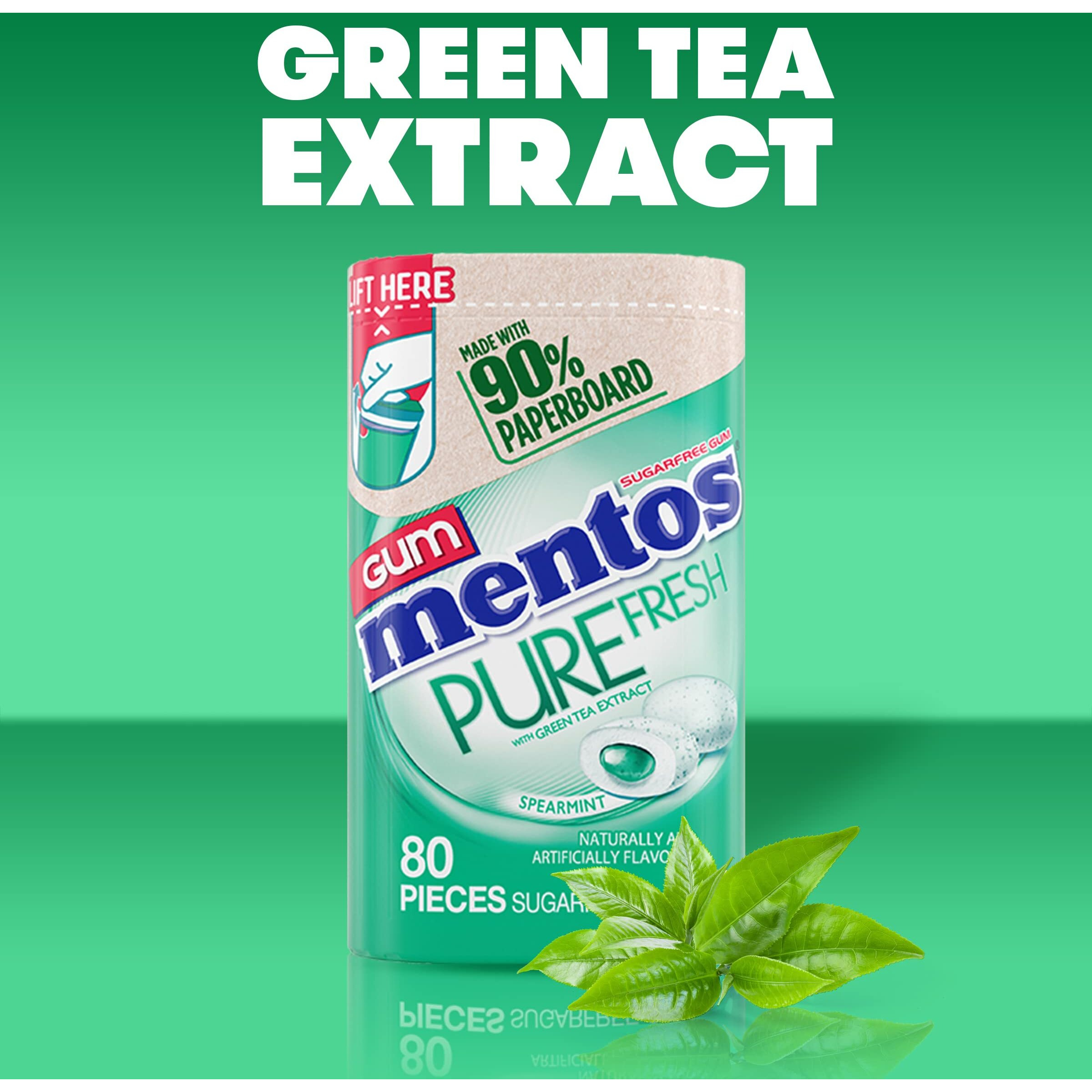 Mentos Pure Fresh Sugar-Free Chewing Gum With Xylitol, Spearmint, In A Recyclable 90% Paperboard Bottle, 80 Piece, Pack Of 4 Bottles