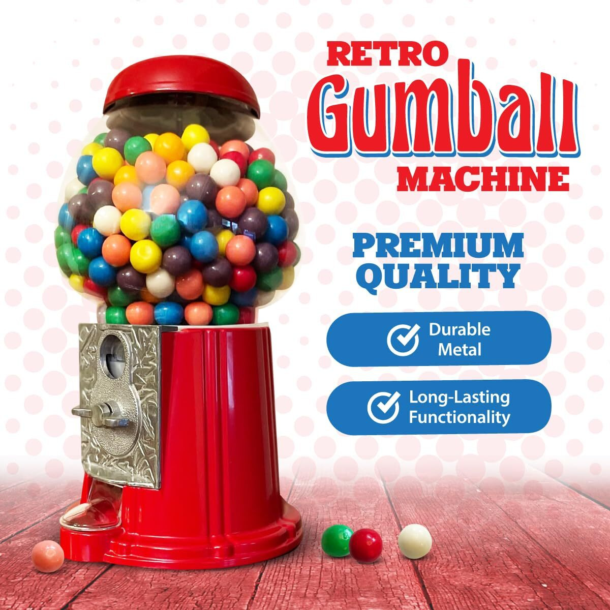 American Gumball Company - Metal 11-Inch Retro Style Red Gumball Machine, Made For 0.62 Inch Gumballs, Candy Or Nuts, Accepts Any Us Coin