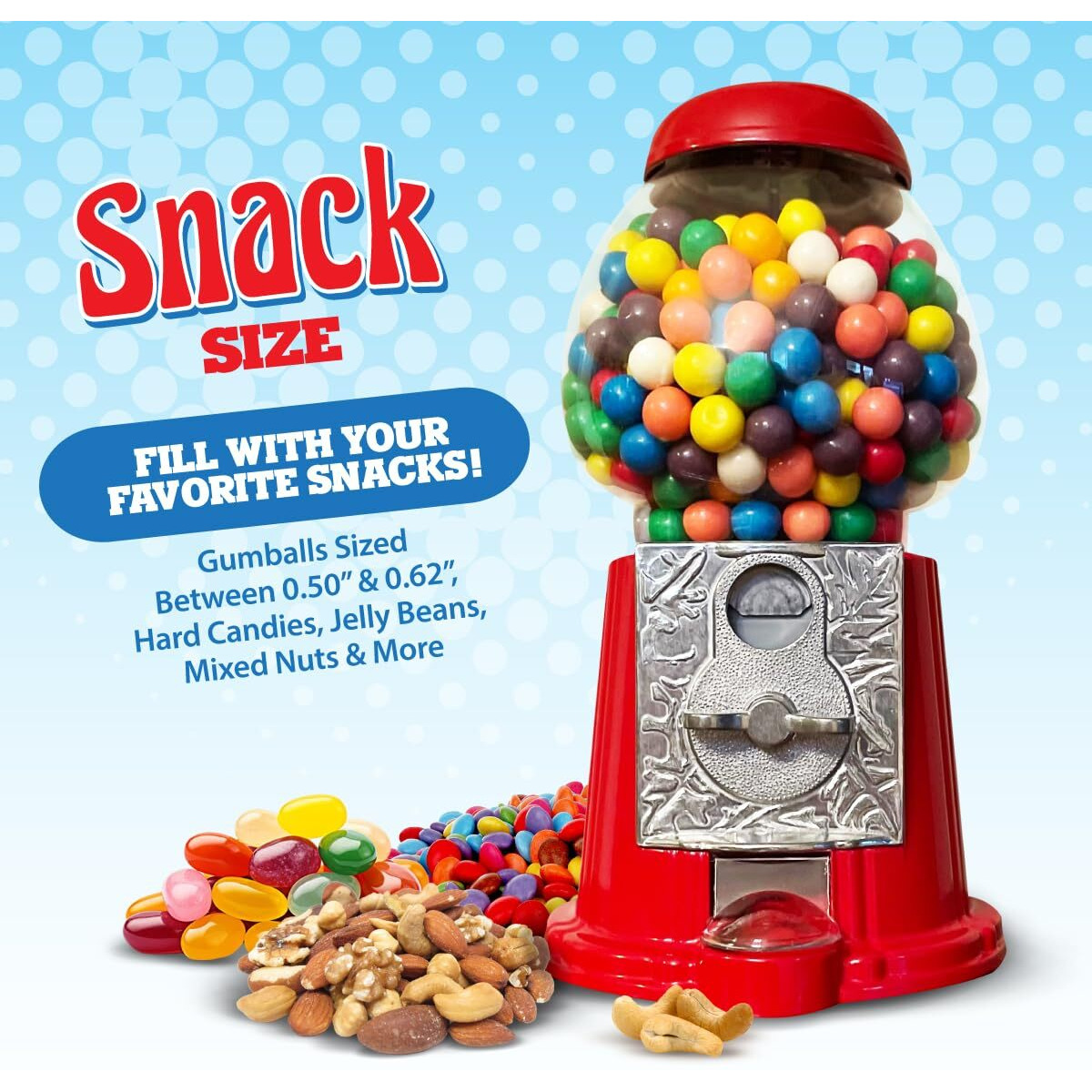 American Gumball Company - Metal 11-Inch Retro Style Red Gumball Machine, Made For 0.62 Inch Gumballs, Candy Or Nuts, Accepts Any Us Coin