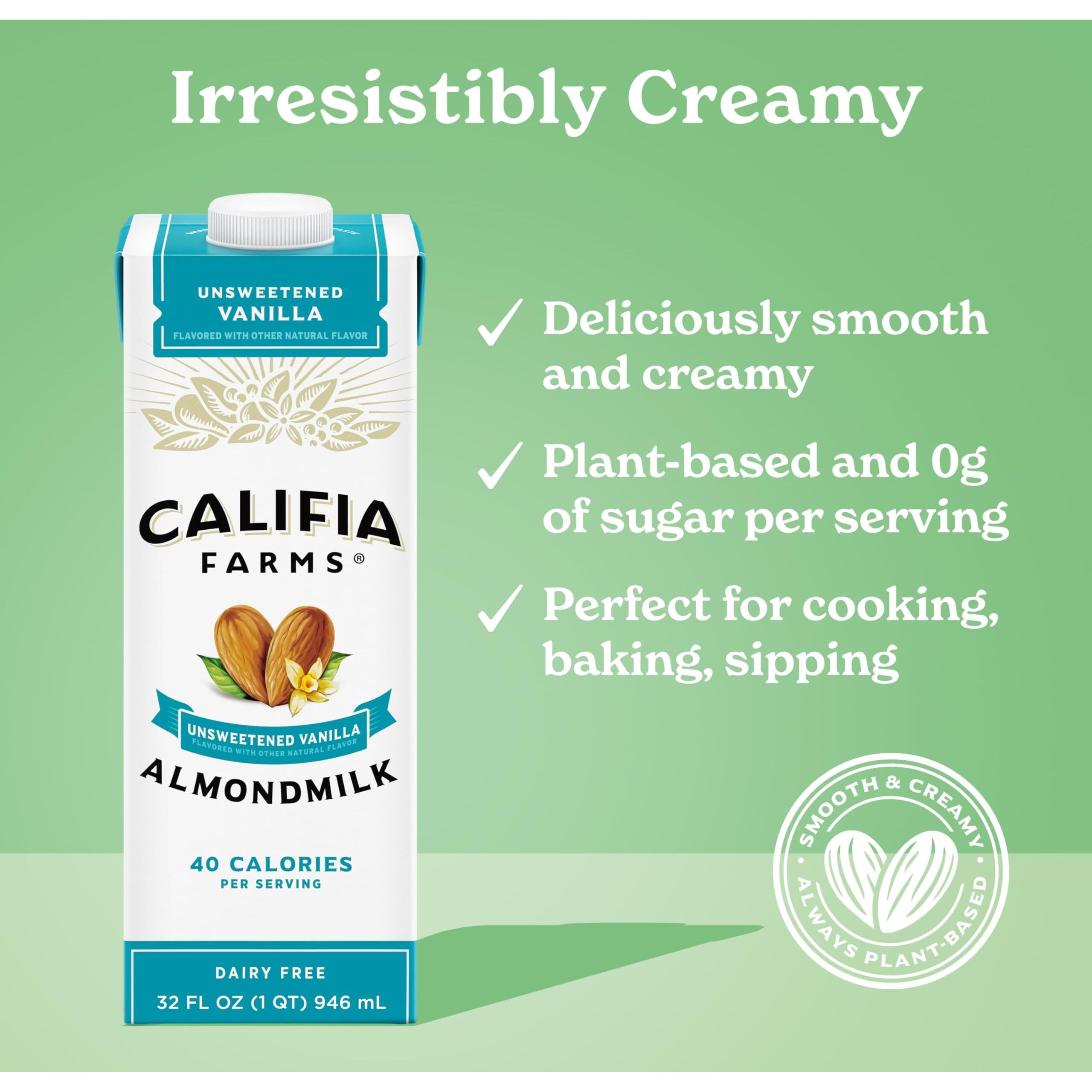 Califia Farms - Unsweetened Vanilla Almond Milk, 32 Oz (Pack Of 6), Dairy Free, Vegan, Plant Based, Keto, Shelf Stable, Vegan, Gluten Free, Non Gmo, Sugar Free, High Calcium, Smoothie