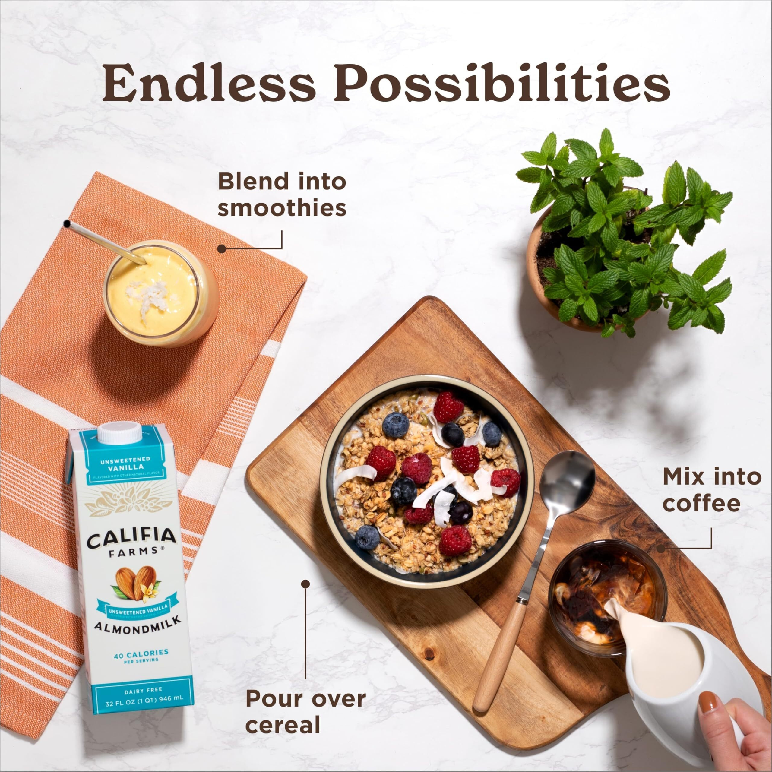 Califia Farms - Unsweetened Vanilla Almond Milk, 32 Oz (Pack Of 6), Dairy Free, Vegan, Plant Based, Keto, Shelf Stable, Vegan, Gluten Free, Non Gmo, Sugar Free, High Calcium, Smoothie