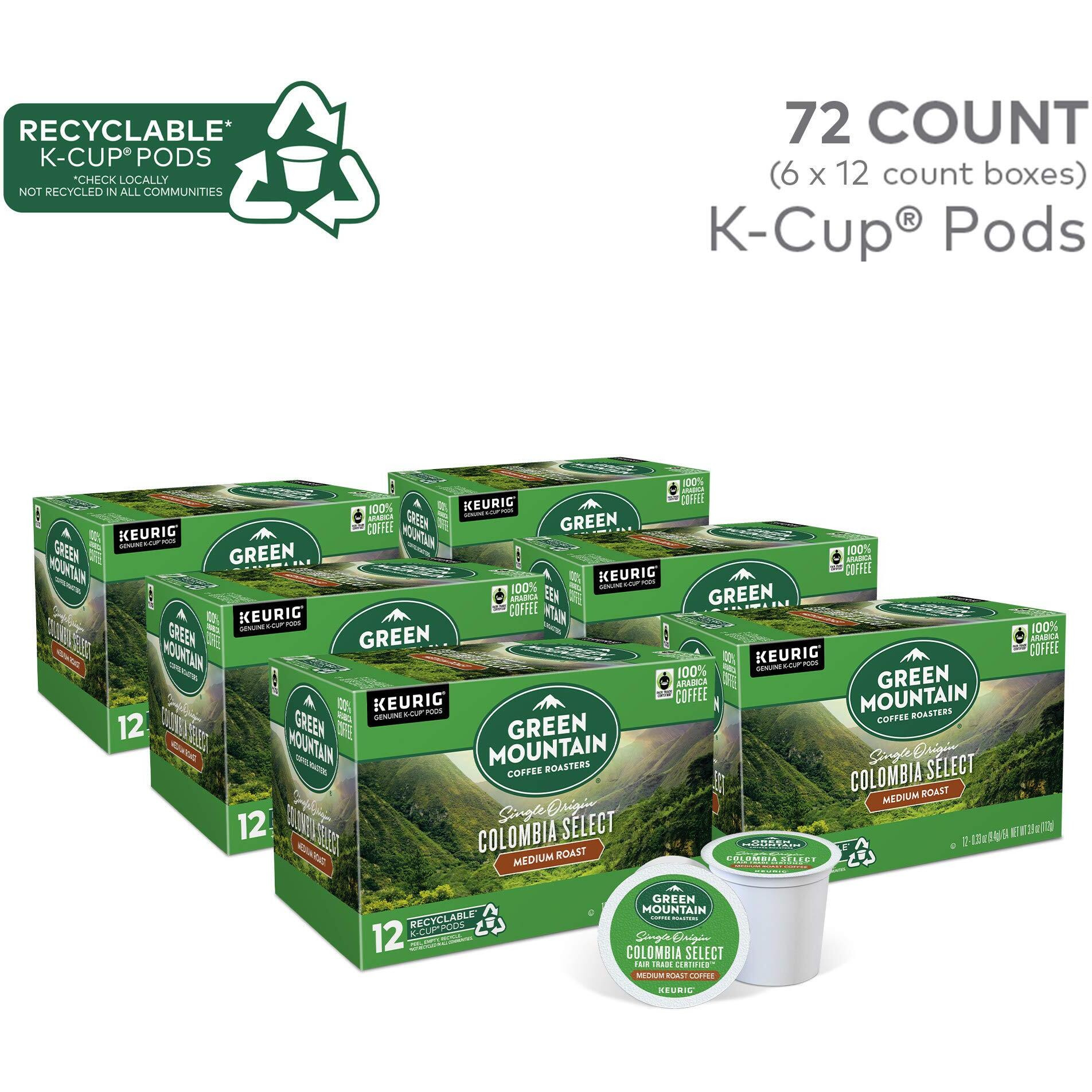 Green Mountain Coffee Roasters Colombia Select Keurig Single-Serve K-Cup Pods, Medium Roast Coffee, 72 Count (6 Packs Of 12)