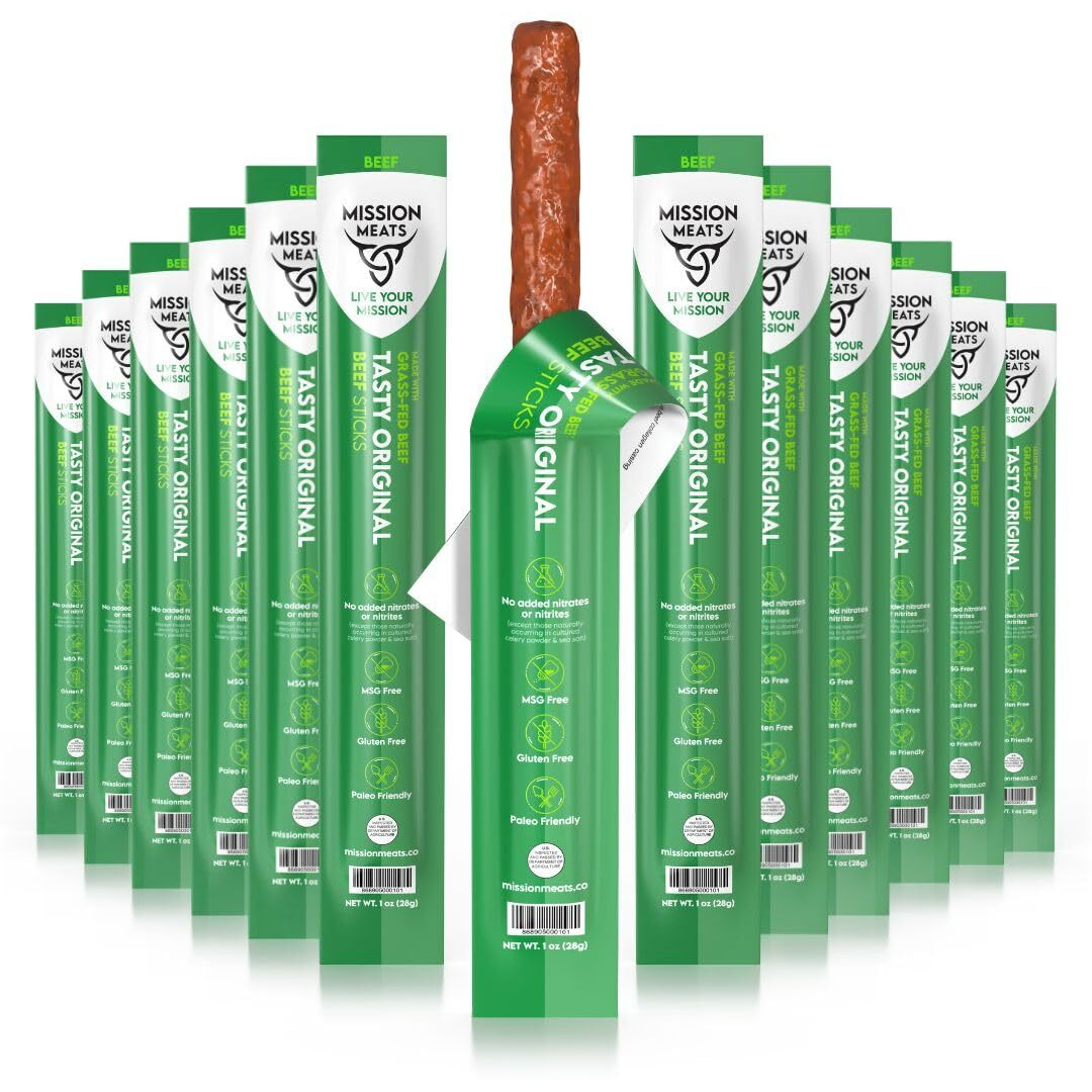 Mission Meats Grass Fed Beef Sticks - Sugar Free Beef Sticks, Gluten Free, Whole 30, Paleo, Keto Meat Sticks, Sugar Free Jerky Beef Sticks Individually Wrapped, 1Oz (Original, Pack Of 48)