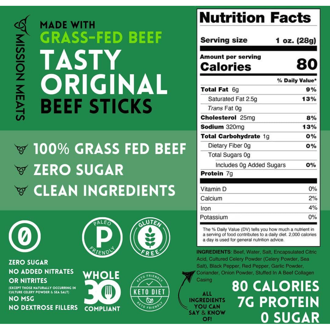 Mission Meats Grass Fed Beef Sticks - Sugar Free Beef Sticks, Gluten Free, Whole 30, Paleo, Keto Meat Sticks, Sugar Free Jerky Beef Sticks Individually Wrapped, 1Oz (Original, Pack Of 48)