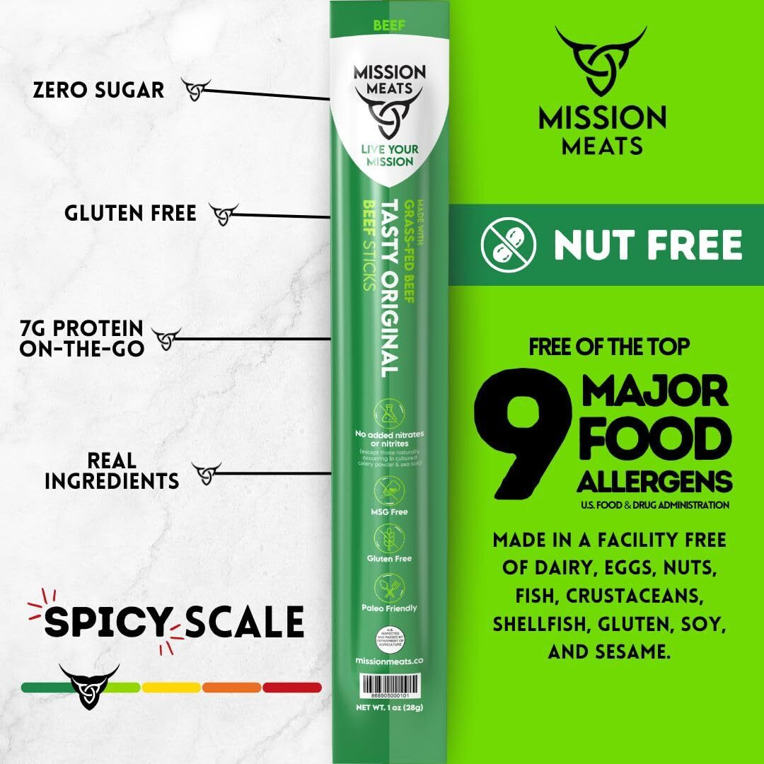 Mission Meats Grass Fed Beef Sticks - Sugar Free Beef Sticks, Gluten Free, Whole 30, Paleo, Keto Meat Sticks, Sugar Free Jerky Beef Sticks Individually Wrapped, 1Oz (Original, Pack Of 48)