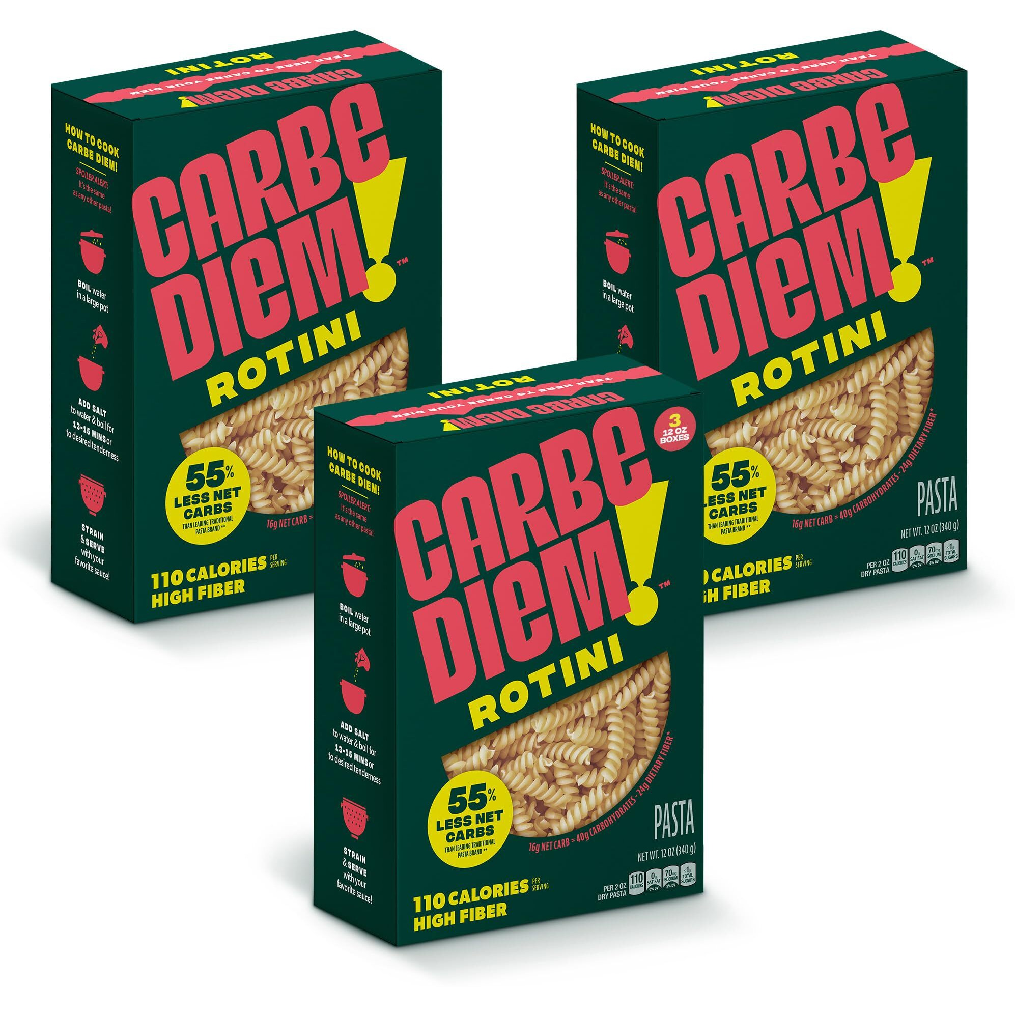 Carbe Diem Rotini | 3X 12Oz Bags | Lower Net Carb Pasta With A Traditional Flavor & Texture | Pasta Re-Imagined For Healthy Lifestyles | Reduced Calorie Food | Lower Calorie Pasta | Rotini Pasta