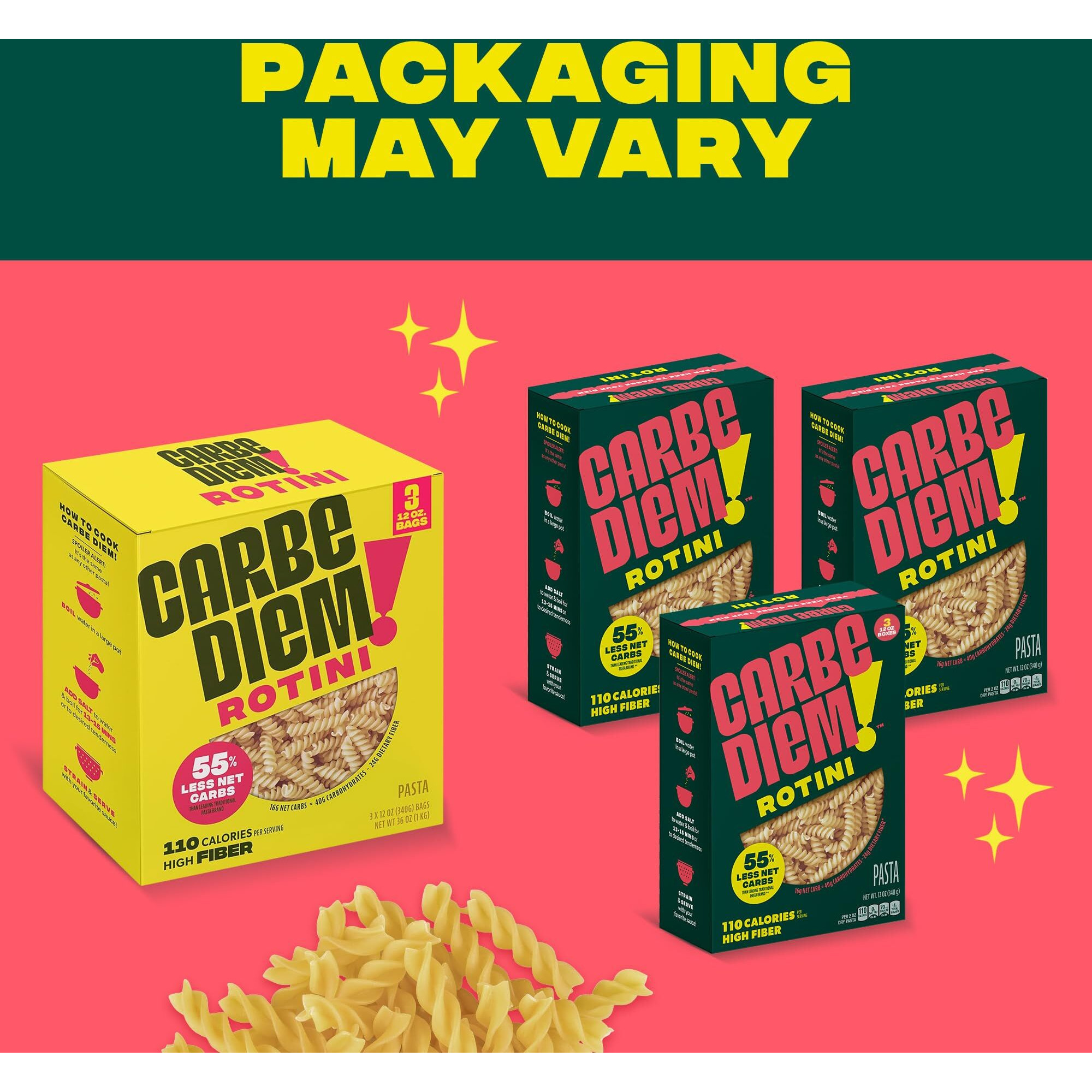 Carbe Diem Rotini | 3X 12Oz Bags | Lower Net Carb Pasta With A Traditional Flavor & Texture | Pasta Re-Imagined For Healthy Lifestyles | Reduced Calorie Food | Lower Calorie Pasta | Rotini Pasta