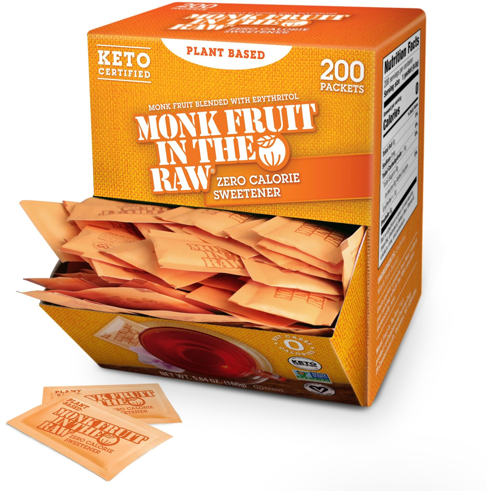Monk Fruit In The Raw Sweetener Packets, 200 Ct, Keto Certified Monk Fruit Sweetener Packets, Zero Calories, Zero Net Carbs, Non-Gmo Project Verified, Vega, Low Glycemic Index