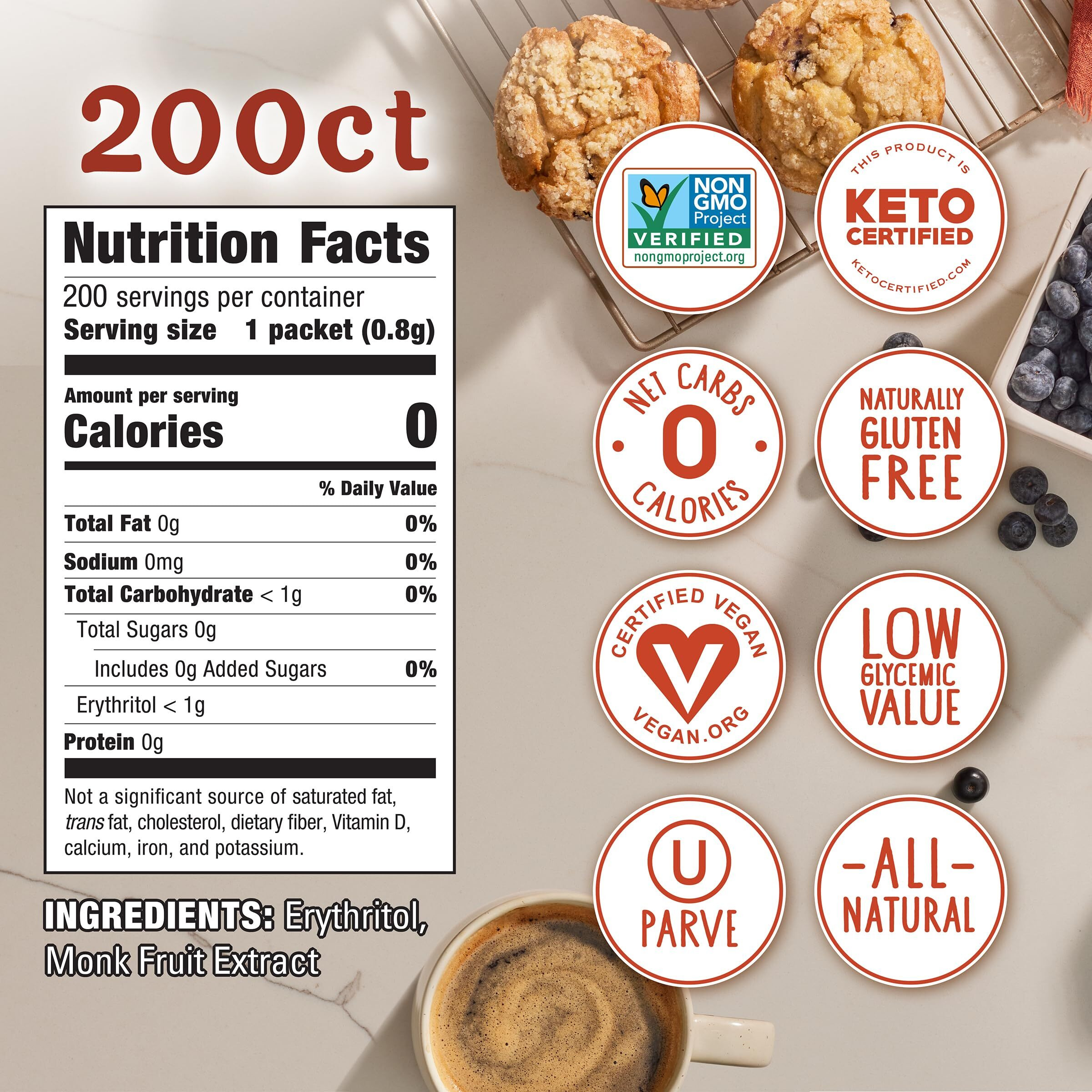 Monk Fruit In The Raw Sweetener Packets, 200 Ct, Keto Certified Monk Fruit Sweetener Packets, Zero Calories, Zero Net Carbs, Non-Gmo Project Verified, Vega, Low Glycemic Index