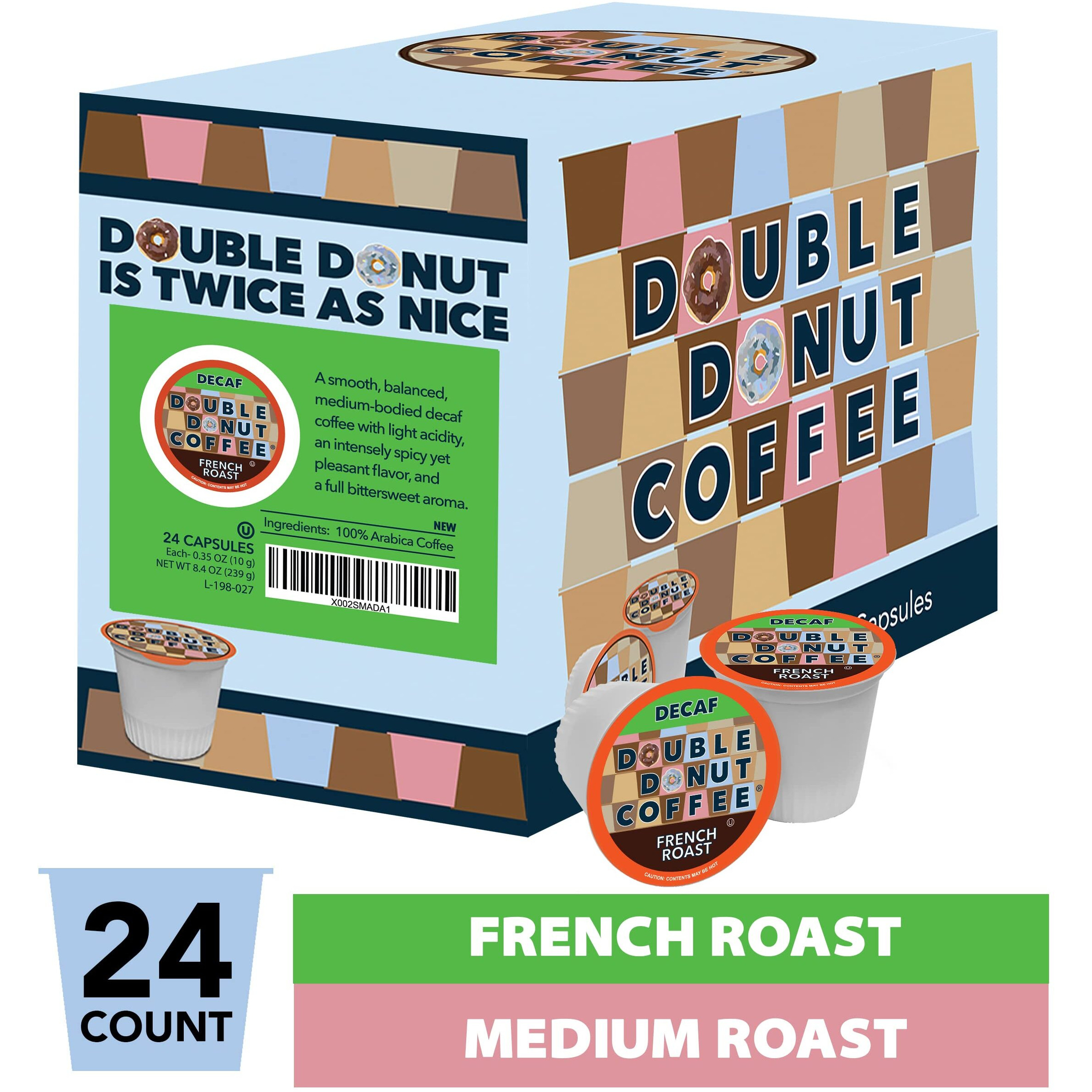 Double Donut Decaf Coffee Pods, Decaf French Roast, Single Serve Coffee For Keurig K Cups Machines, Decaf Dark Roast Coffee, 24 Count