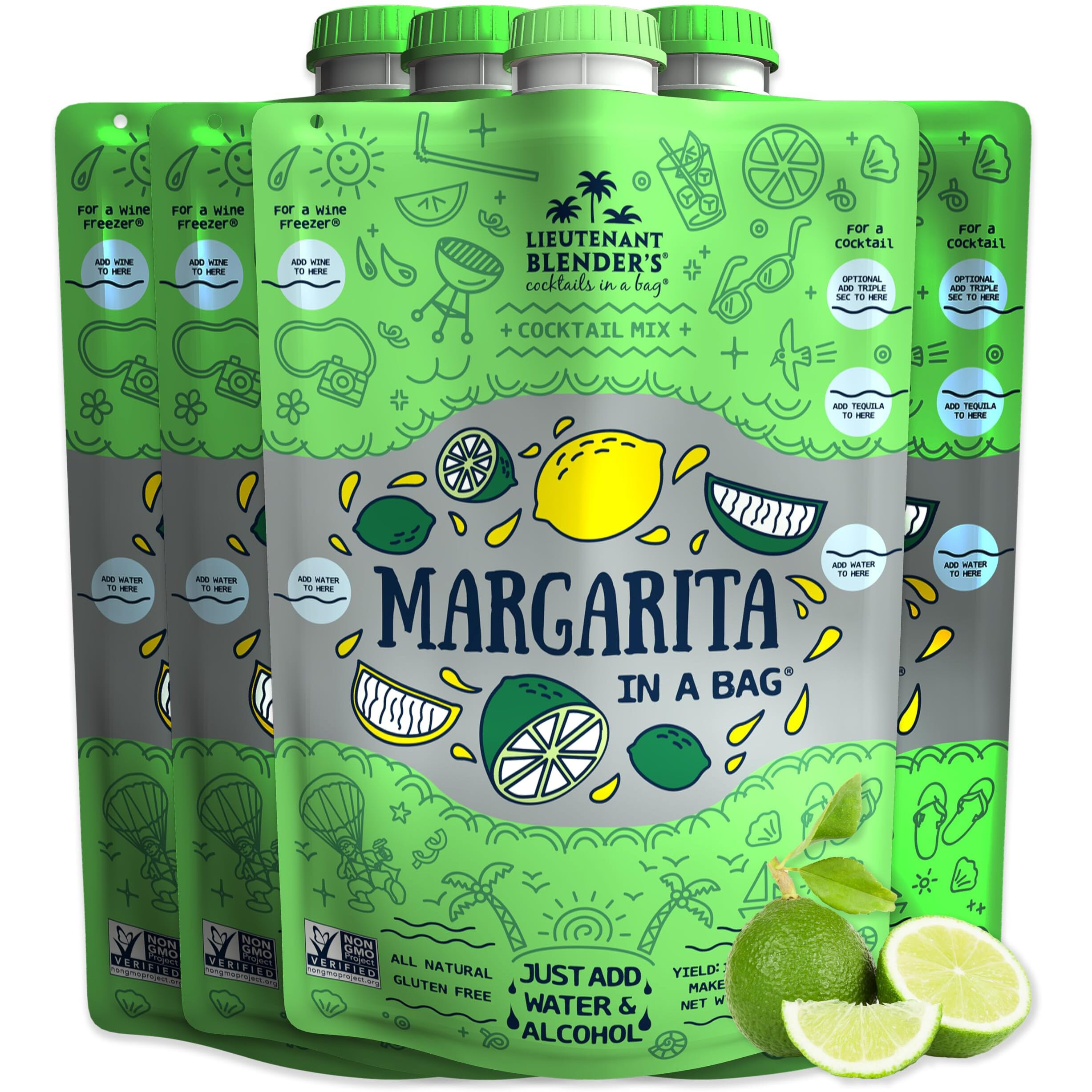 Lt. Blender's Margarita In A Bag - Margarita Mix - Each Bag Makes 1/2 Gallon Of Frozen Margaritas - Non-Gmo Cocktail Mix - No Blender Needed - Add Liquor, Wine Or As A Mocktail (Pack Of 4)