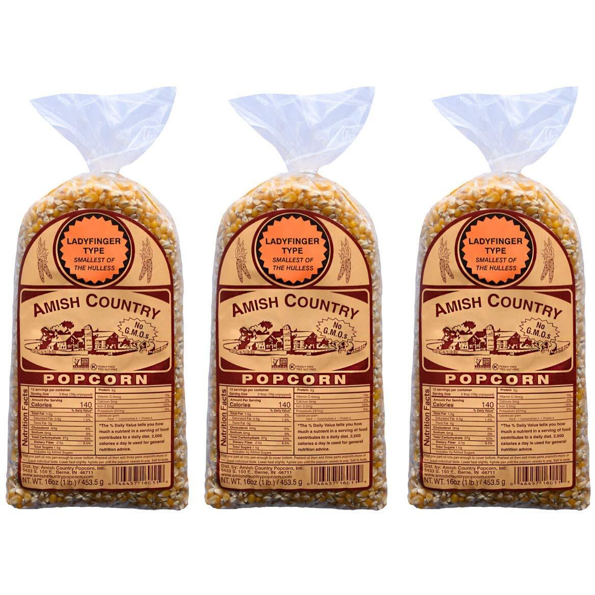 Amish Country Popcorn | 3-1 Lb Bags | Ladyfinger Popcorn Kernels | Old Fashioned, Non-Gmo And Gluten Free
