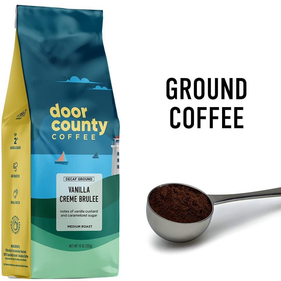Door County Coffee Vanilla Creme Brulee Decaf Flavored Coffee 10Oz Bag | Ground Coffee Medium Roast | 100% Arabica Coffee | Vanilla Creme Brulee Decaf