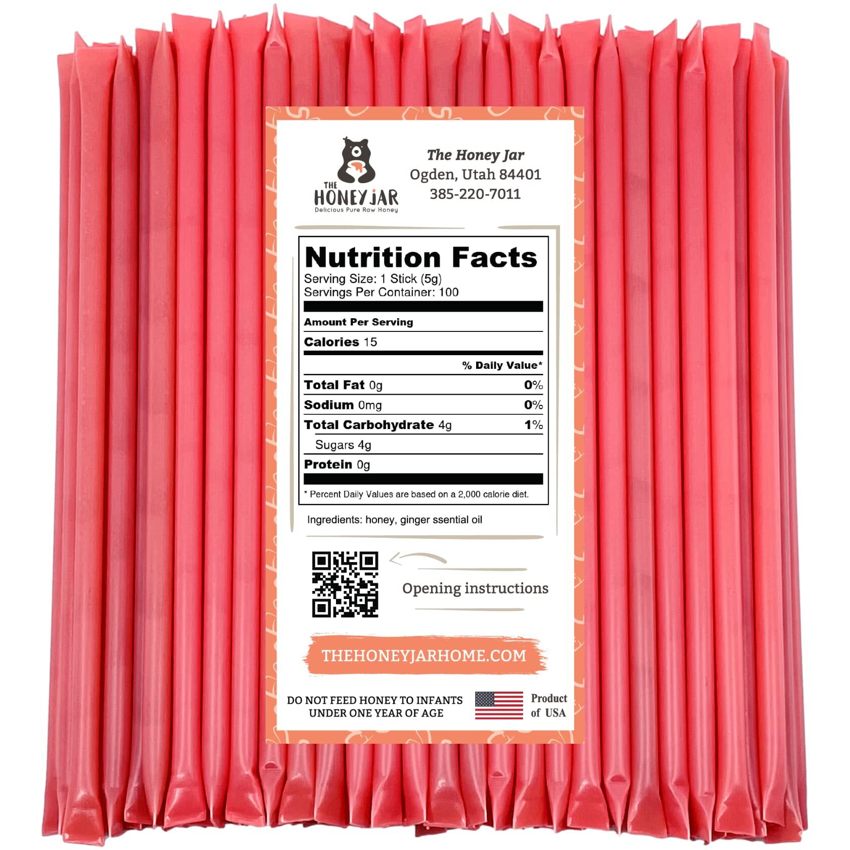 The Honey Jar Ginger Flavored Honey Sticks - Pure Honey Straws For Tea, Coffee, Or A Healthy Treat - One Teaspoon Of Flavored Honey Per Stick - Made In The Usa With Real Honey - (100 Count)