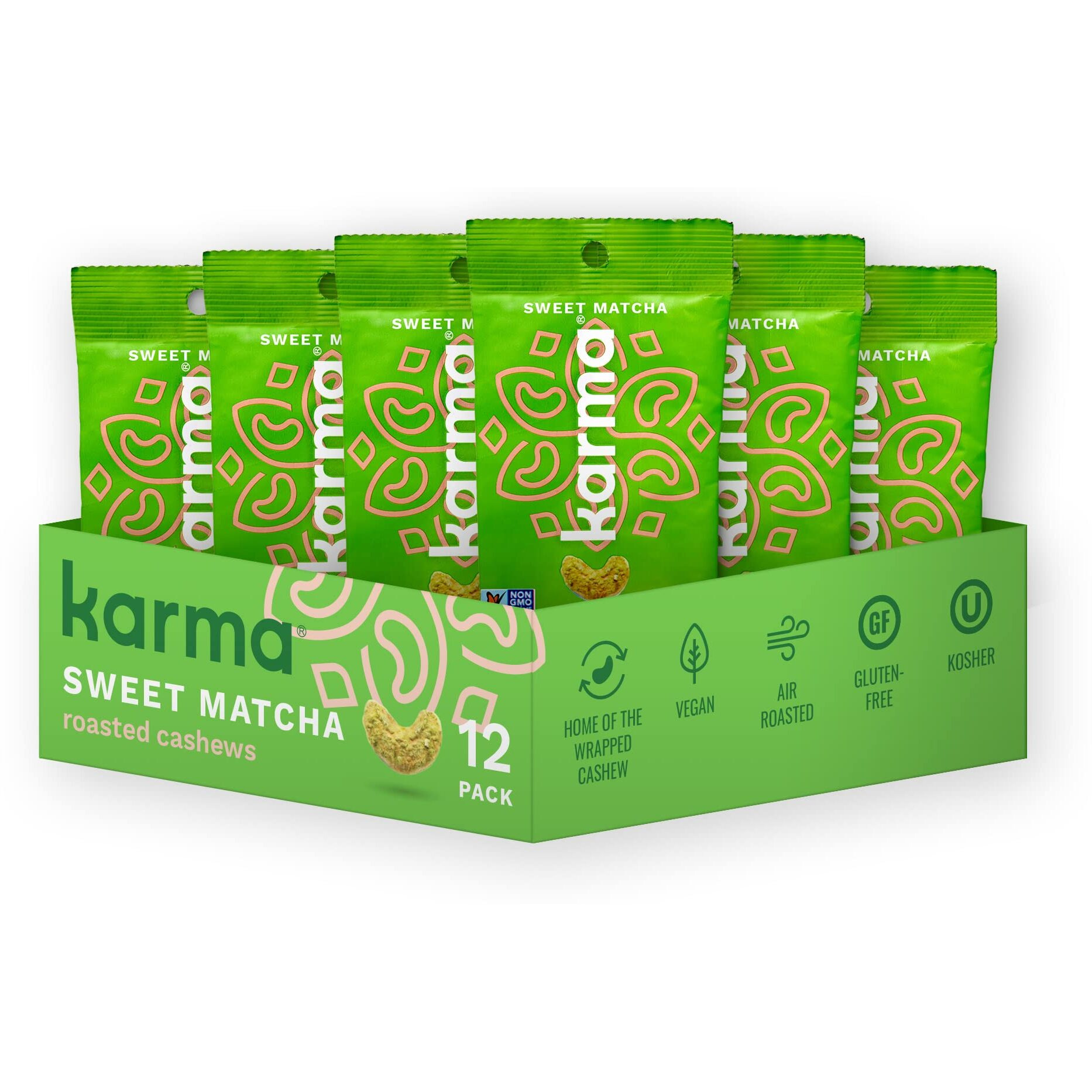 Sweet Matcha Cashews With Skin By Karma Nuts, Whole, Sweet, Roasted, Vegan, Gluten Free, Low Net Carb, Natural, Everyday Nut Snack, 1.5 Ounce (12 Snack Packs)