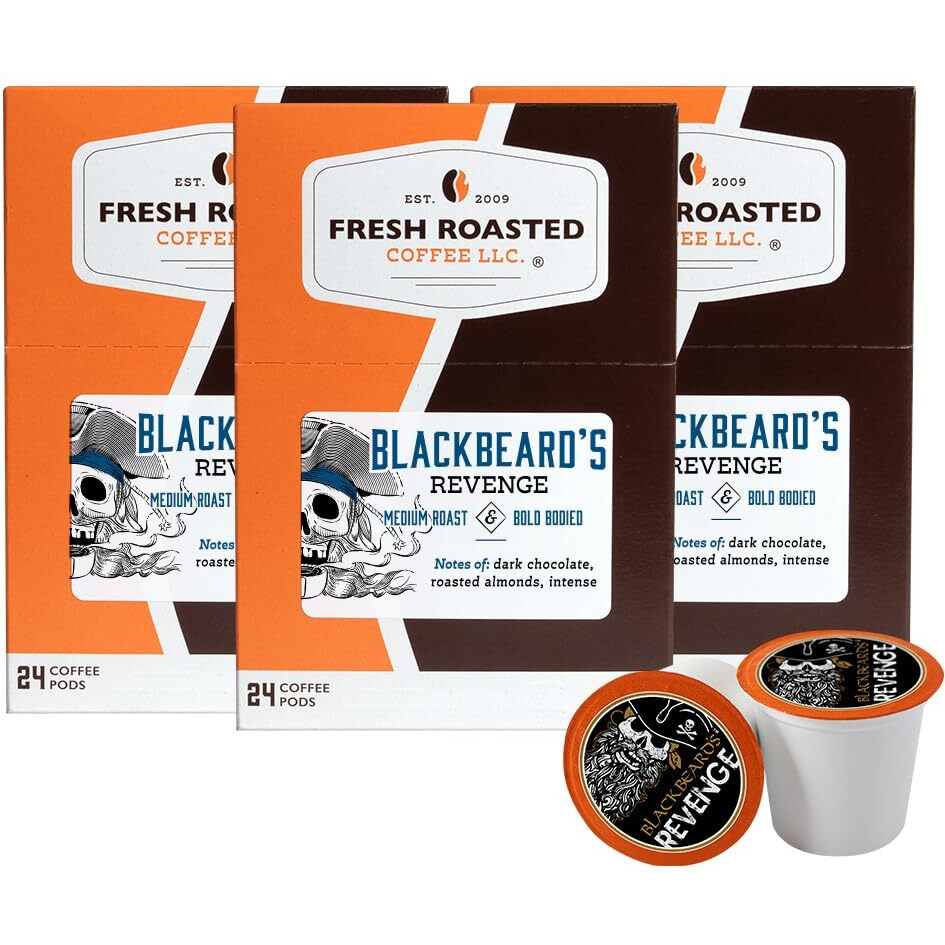 Fresh Roasted Coffee, Blackbeard's Revenge, Medium Roast, Kosher, K-Cup Compatible, 72 Pods