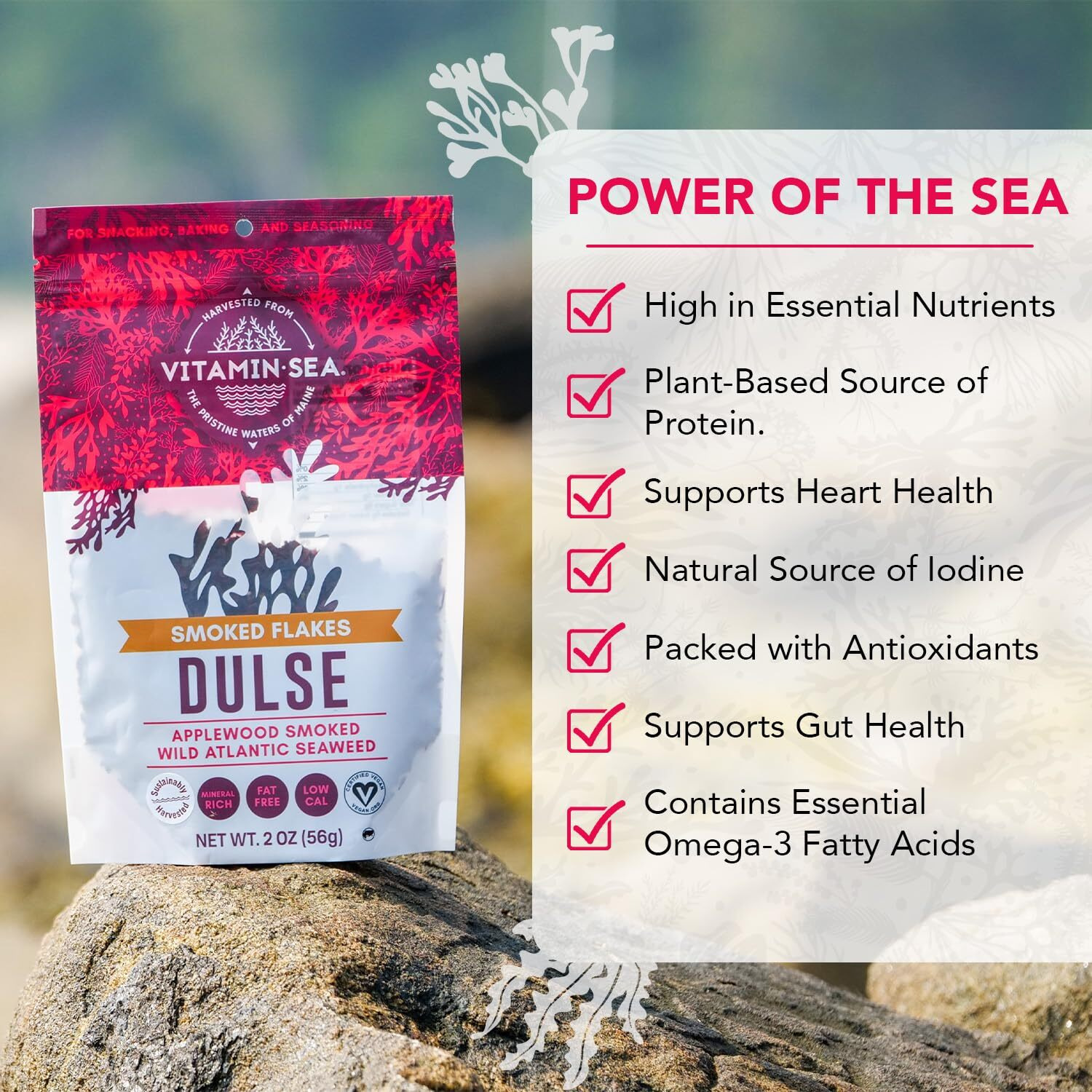 Vitaminsea Applewood Smoked Dulse | Wild North Atlantic Dried Seaweed For Snacking, Seasoning, Soups & Salads | Rich In Vitamins, Minerals & Antioxidants Perfect For Thyroid Support | Flakes (2 Oz)