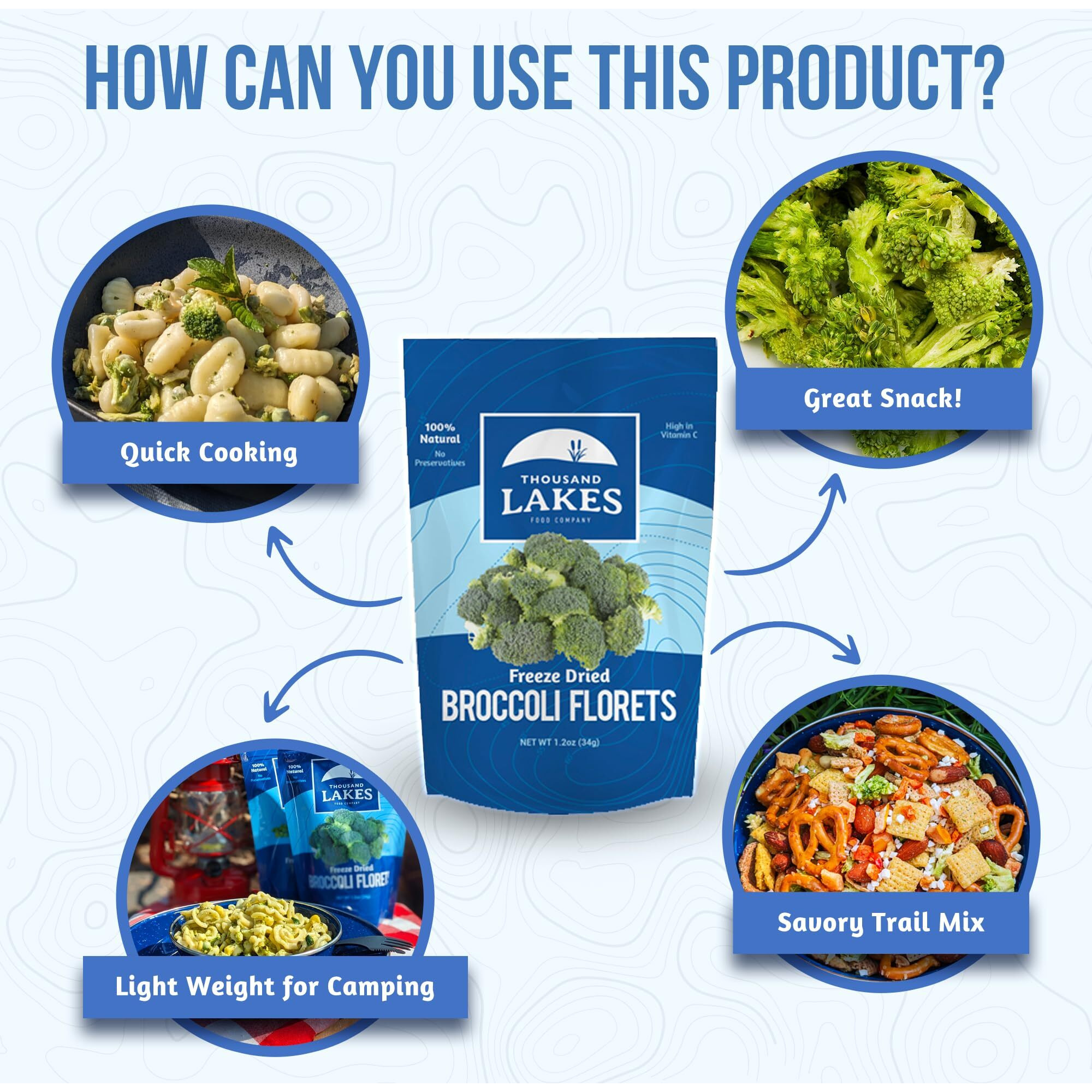 Thousand Lakes Freeze Dried Vegetables - Broccoli Florets 4-Pack 1.2 Ounces (4.8 Ounces Total) | 100% Florets - No Stems | No Salt Added