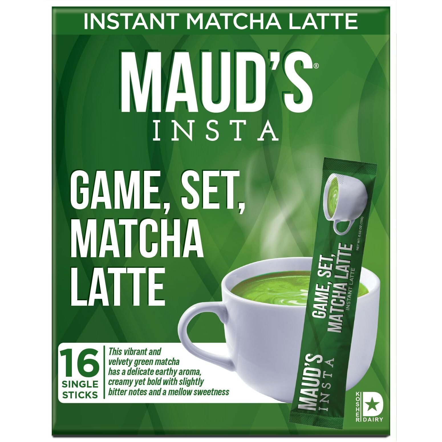 Maud's Instant Matcha Latte Packets, 16 Ct | Game, Set, Matcha Latte | Premium Matcha Powder | Solar Energy Produced | Instant Latte Powder Travel Packs