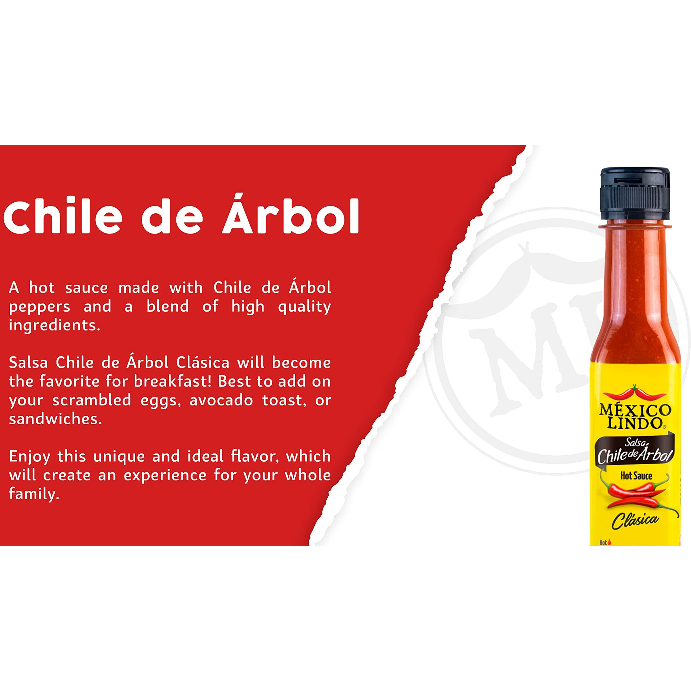 Mexico Lindo Chile De Arbol Hot Sauce Ingredients | 12,190 Scoville Level | Classic Flavor | 5 Fl Oz Bottles (Pack Of 12)