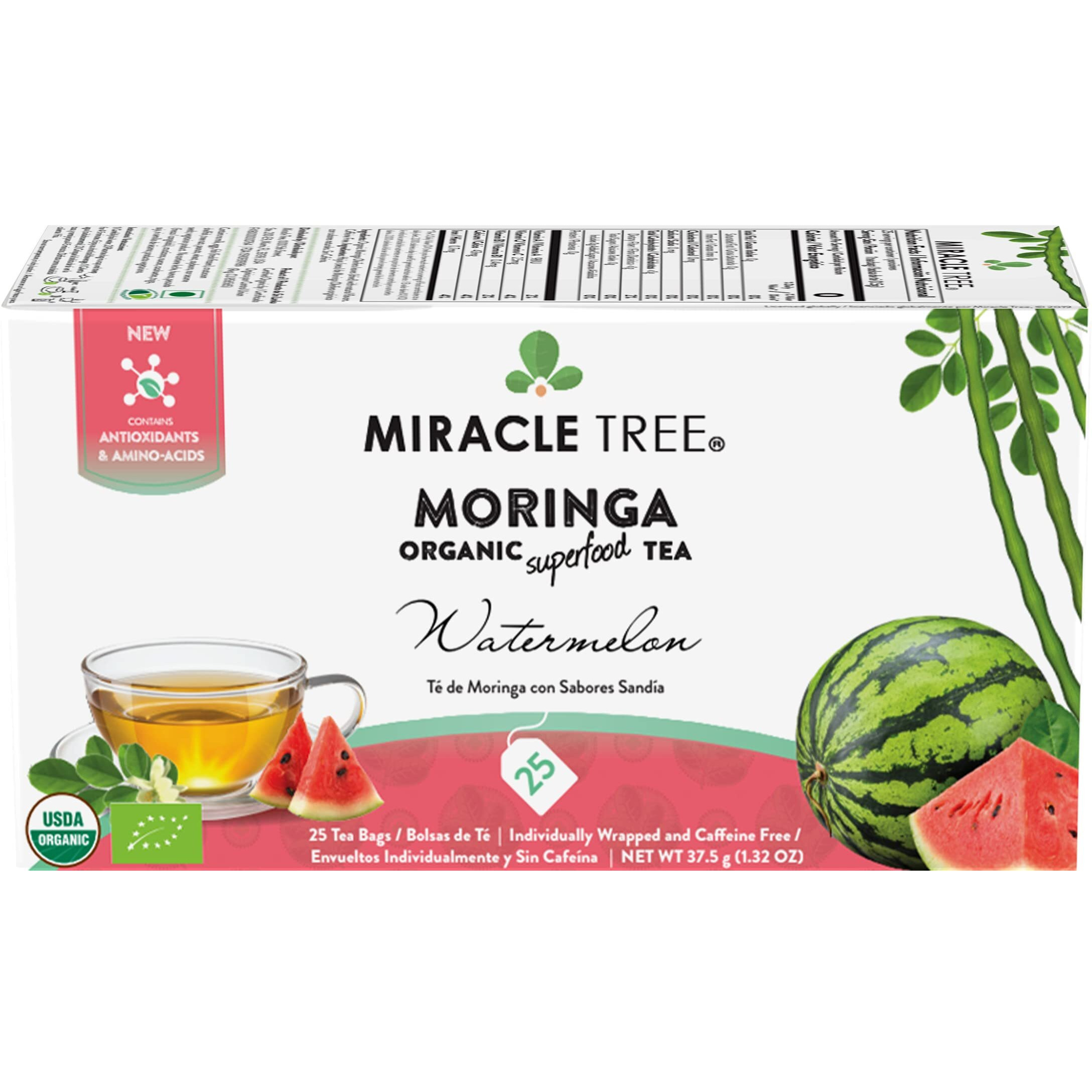 Miracle Tree - Organic Moringa Superfood Tea, 25 Individually Sealed Tea Bags, Watermelon (Keto, Detox, Energy & Immunity Booster, Vegan, Gluten-Free, Organic, Non-Gmo, Caffeine-Free)