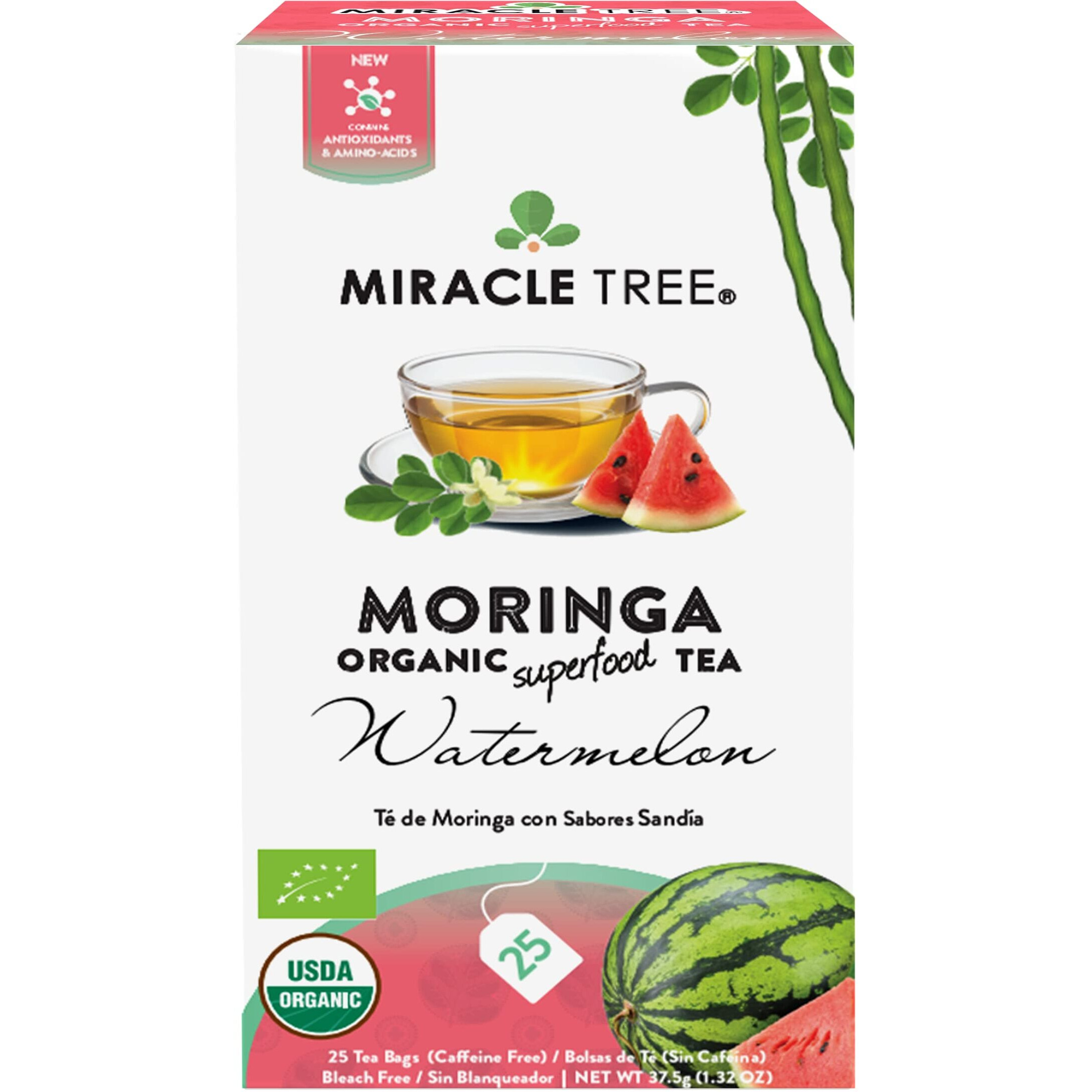 Miracle Tree - Organic Moringa Superfood Tea, 25 Individually Sealed Tea Bags, Watermelon (Keto, Detox, Energy & Immunity Booster, Vegan, Gluten-Free, Organic, Non-Gmo, Caffeine-Free)