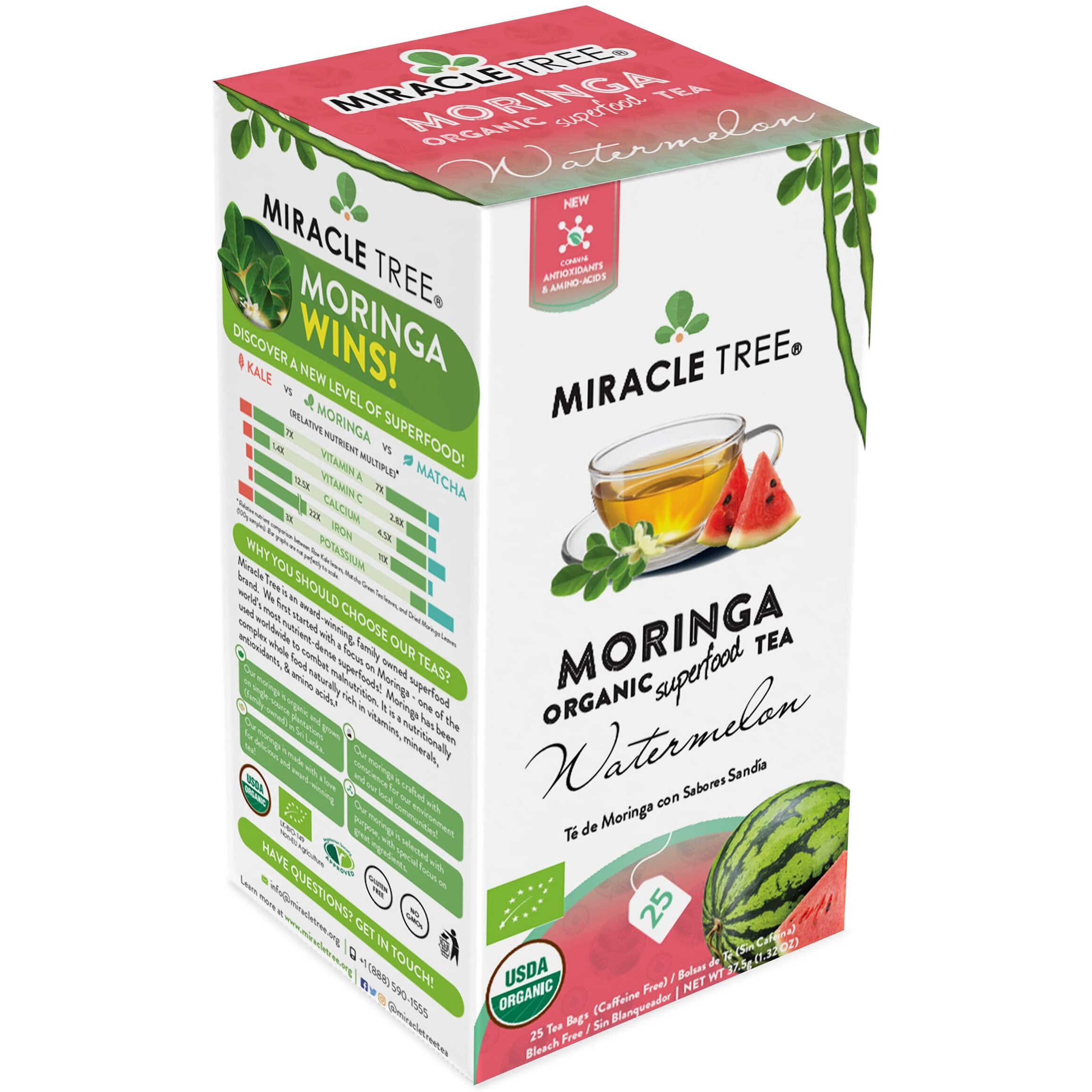 Miracle Tree - Organic Moringa Superfood Tea, 25 Individually Sealed Tea Bags, Watermelon (Keto, Detox, Energy & Immunity Booster, Vegan, Gluten-Free, Organic, Non-Gmo, Caffeine-Free)