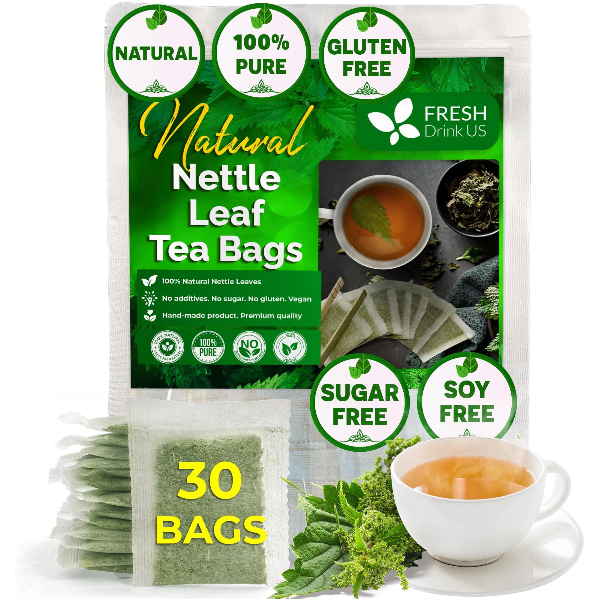 Freshdrinkus, 30 Nettle Leaf Tea Bags, 100% Natural & Pure From Nettle Leaves. Loose Leaf Nettle Herbal Tea. Nettle Leaf Tea. No Sugar, No Caffeine, No Gluten, Vegan.