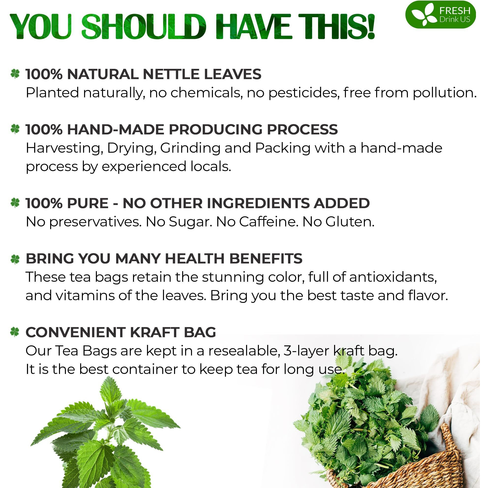 Freshdrinkus, 30 Nettle Leaf Tea Bags, 100% Natural & Pure From Nettle Leaves. Loose Leaf Nettle Herbal Tea. Nettle Leaf Tea. No Sugar, No Caffeine, No Gluten, Vegan.