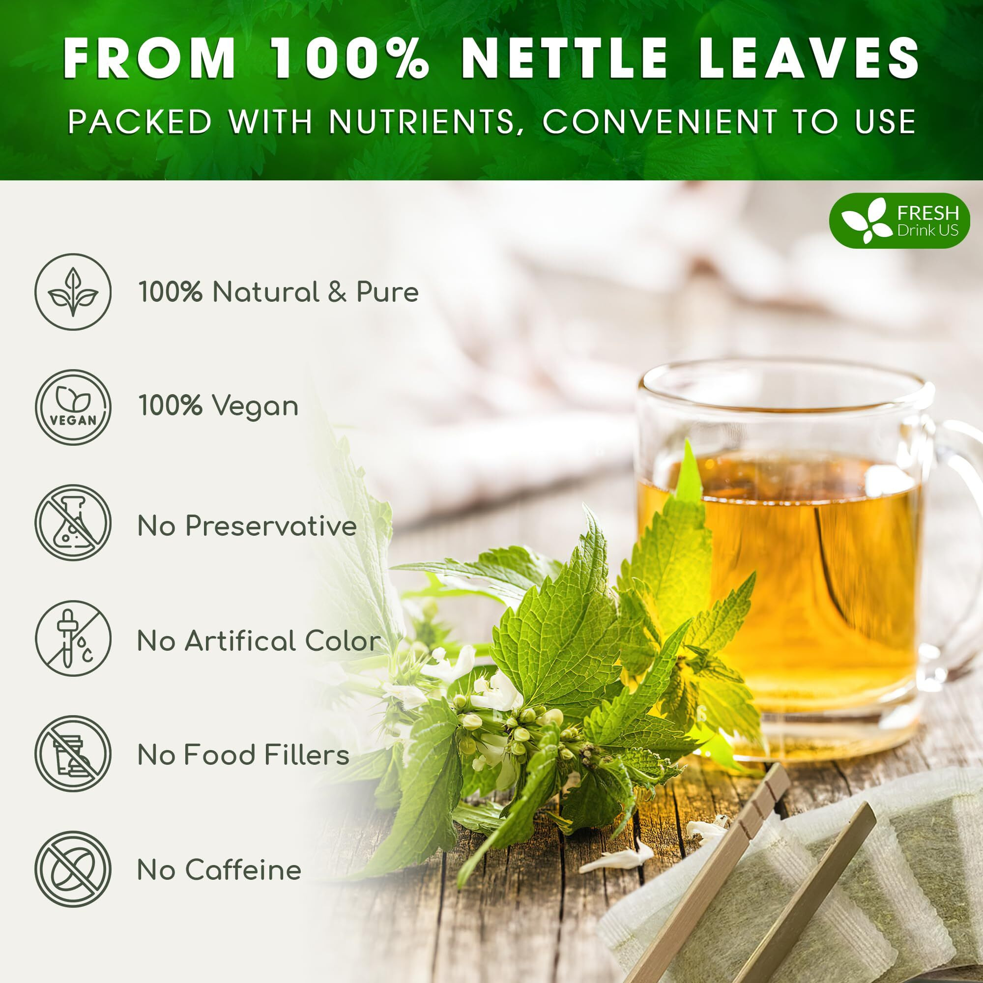 Freshdrinkus, 30 Nettle Leaf Tea Bags, 100% Natural & Pure From Nettle Leaves. Loose Leaf Nettle Herbal Tea. Nettle Leaf Tea. No Sugar, No Caffeine, No Gluten, Vegan.