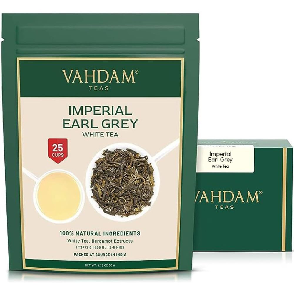 Vahdam, Earl Grey Imperial White Tea Loose Leaf (25 Cups/1.76Oz) High Elevation Grown, White Tea Loose Leaf Tea | Brew As Hot Tea Or Iced Tea | Pure Unblended Loose Leaf Tea | Vacuum Sealed