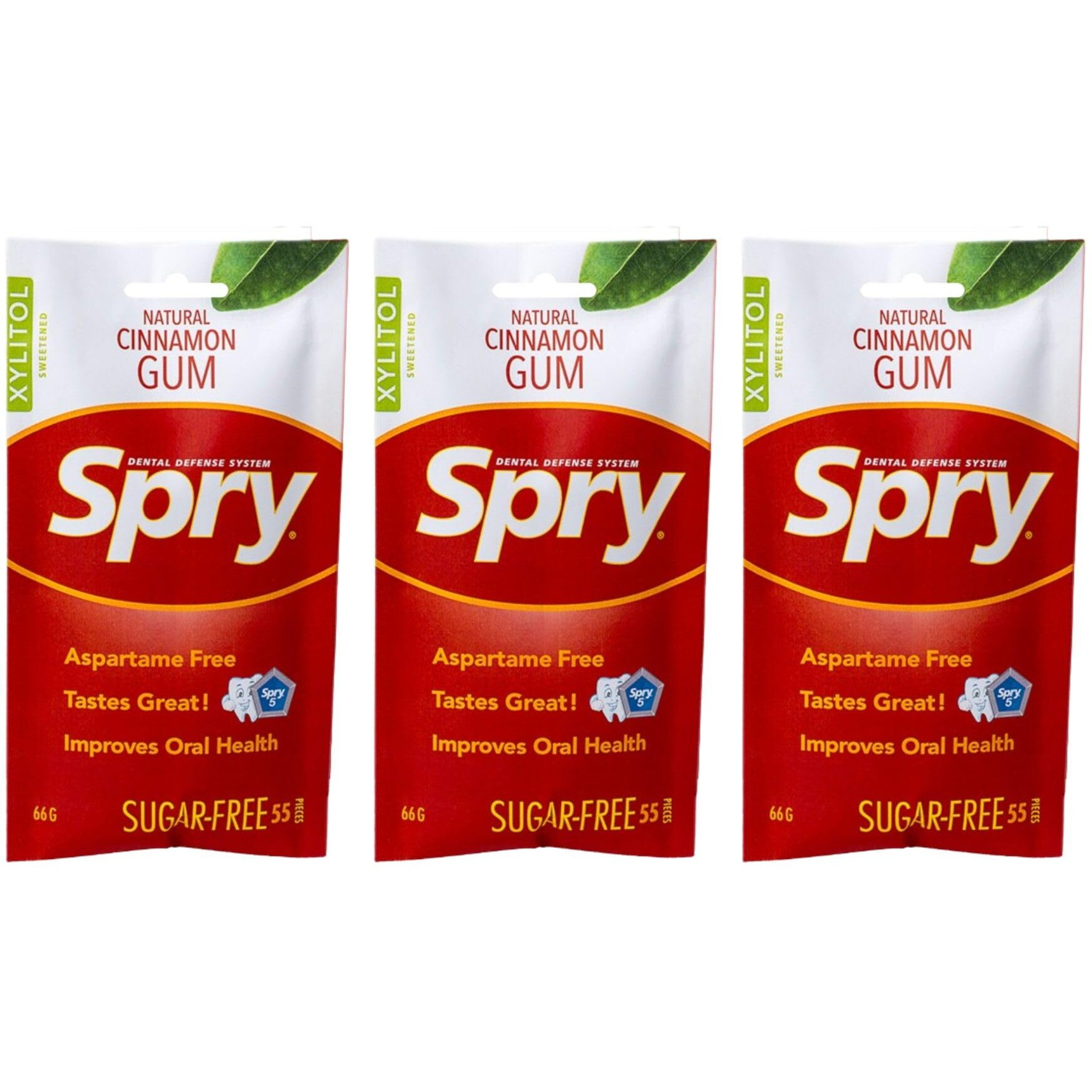 Spry On The Go Gum, Fresh Natural Xylitol Chewing Gum Dental Defense System Aspartame-Free Sugar Free Gum (Cinnamon, 55 Count - Pack Of 3)