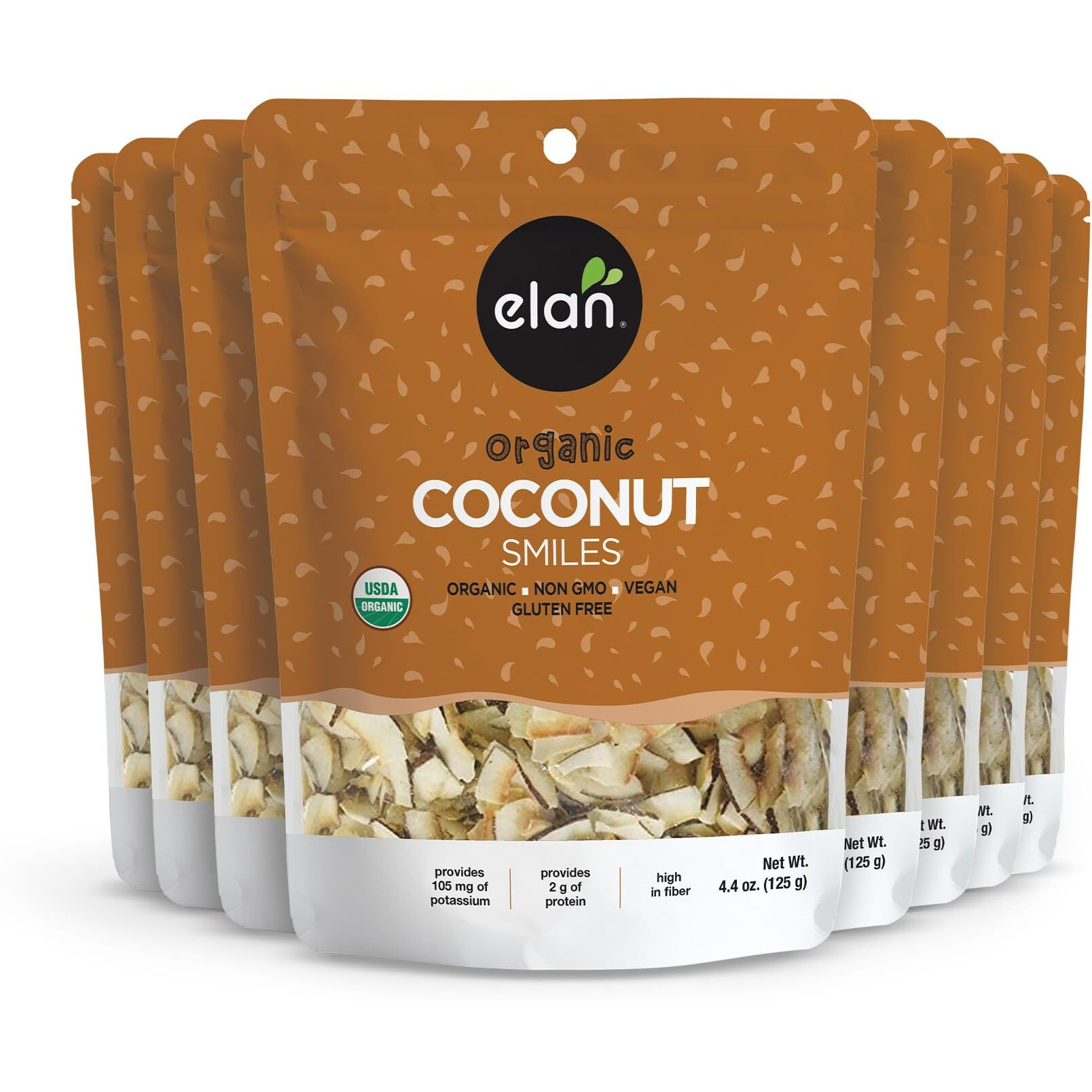 Elan Organic Coconut Smiles, Dried Coconut, Lightly Roasted, Unsweetened Coconut Chips, No Sugar Added, Non-Gmo, Vegan, Gluten-Free, Kosher, 8 Pack Of 4.4 Oz