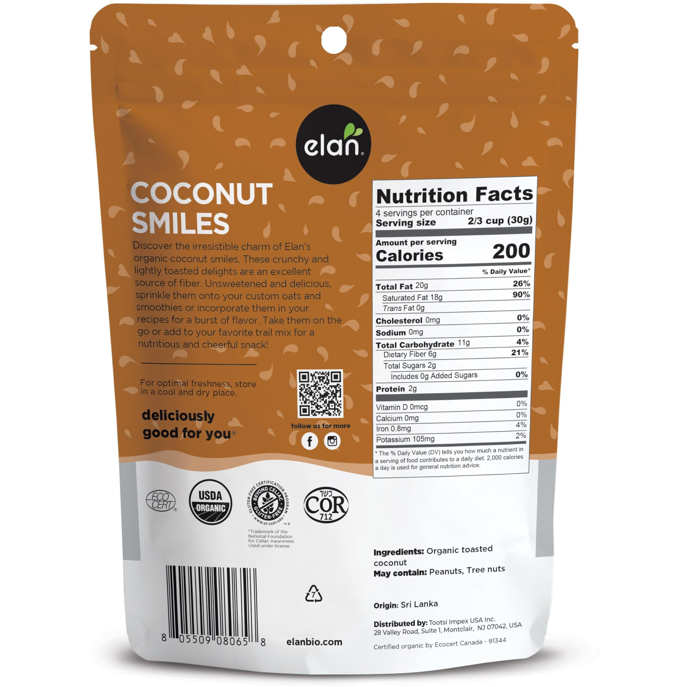 Elan Organic Coconut Smiles, Dried Coconut, Lightly Roasted, Unsweetened Coconut Chips, No Sugar Added, Non-Gmo, Vegan, Gluten-Free, Kosher, 8 Pack Of 4.4 Oz