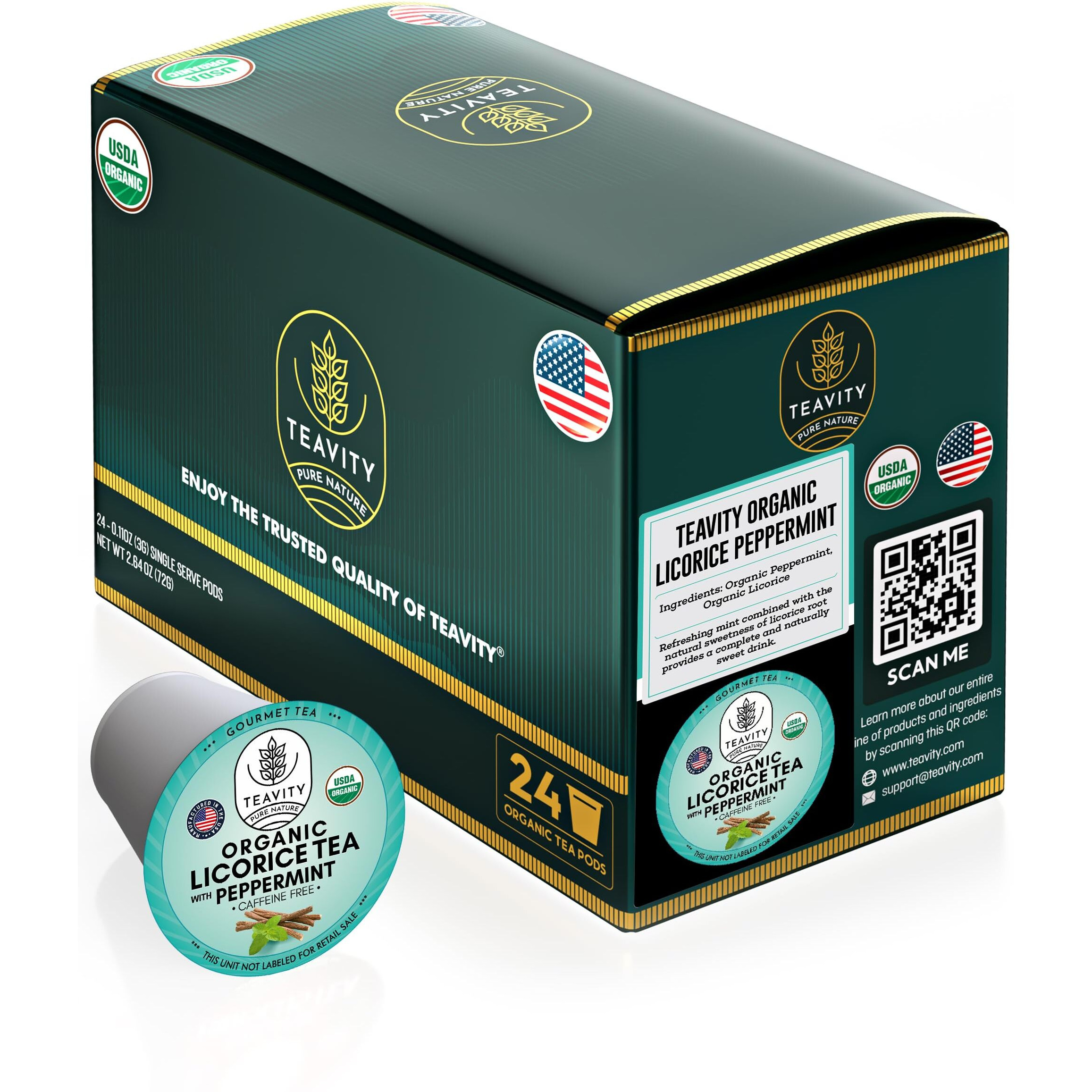 Organic Licorice Mint Tea Pods For Keurig - Natural Decaf Peppermint Tea By Teavity (24 Tea Pods)