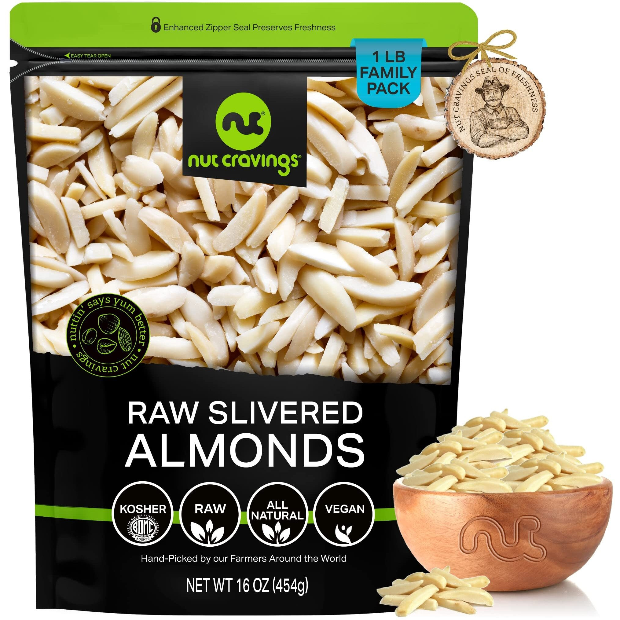 Nut Cravings - Raw Slivered Almonds, Unsalted, (16Oz - 1 Lb) Packed Fresh In Resealable Bag - Nut Snack - Healthy Protein Food, All Natural, Keto, Vegan, Kosher Ideal For Trail Mixed Nuts
