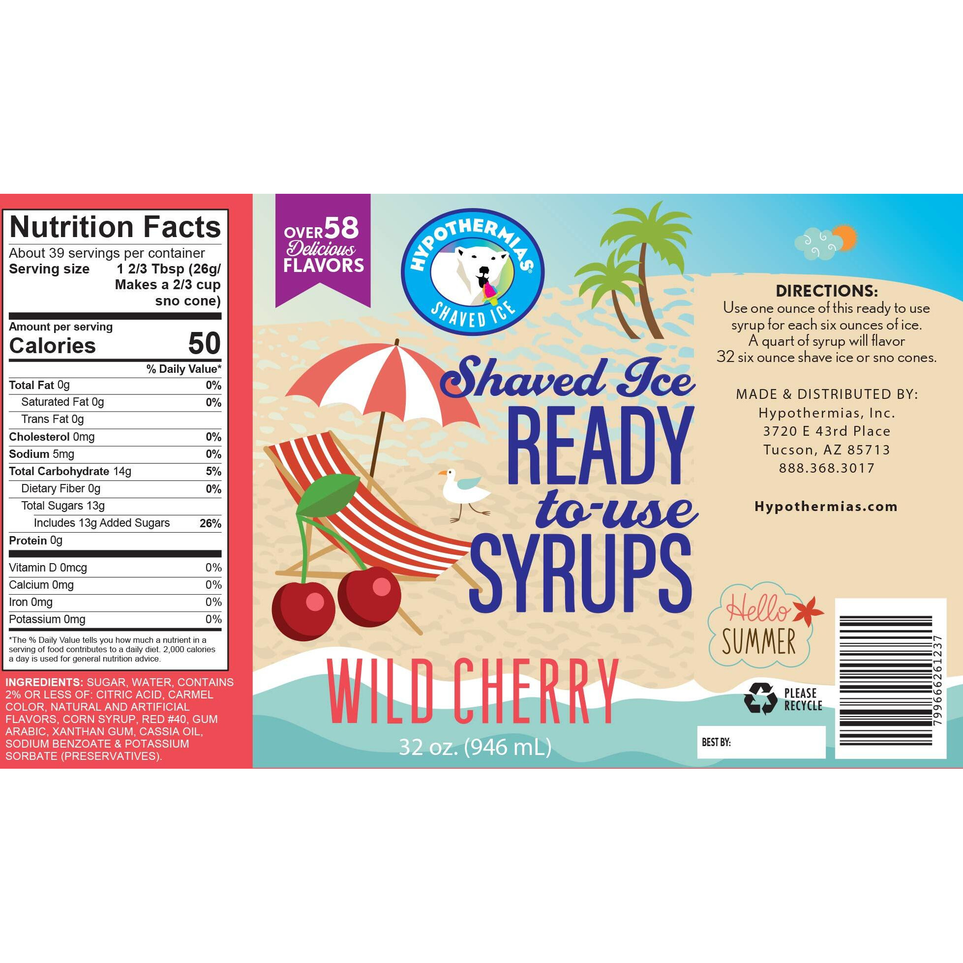 Hypothermias Shaved Ice & Snow Cone Syrup - Quart (32 Fl. Oz) - Wild Cherry - Made With Non-Gmo 100% Pure Cane Sugar, No Corn Syrup - Bpa-Free Recyclable Plastic Bottle