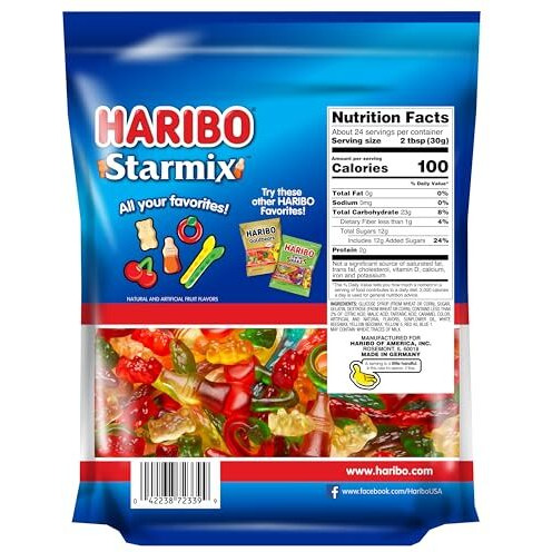 Haribo Gummi Candy, Starmix, 25.6 Oz. Resealable Stand Up Bag