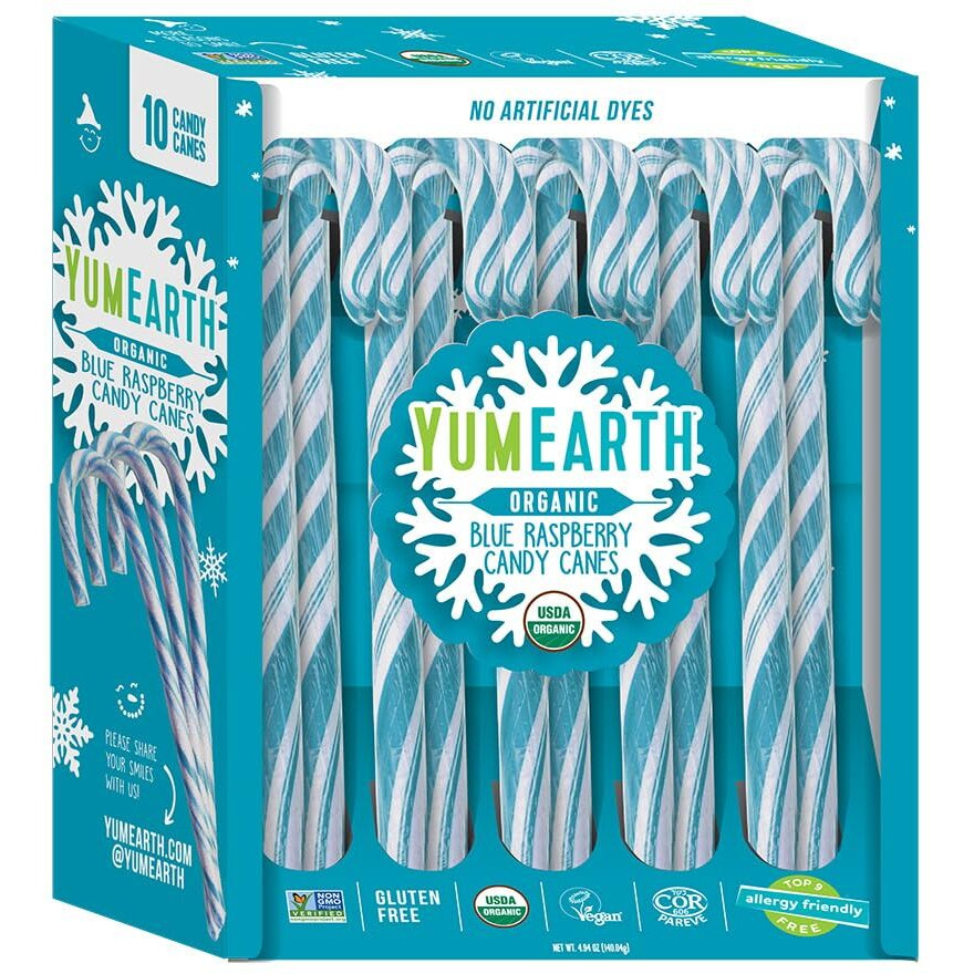 Yumearth Organic Candy Canes - Individually Wrapped Full Size Blue Raspberry Candy Canes - Dye Free, Allergy Friendly, Non Gmo, Gluten Free, Vegan - 10 Count (Pack Of 1)