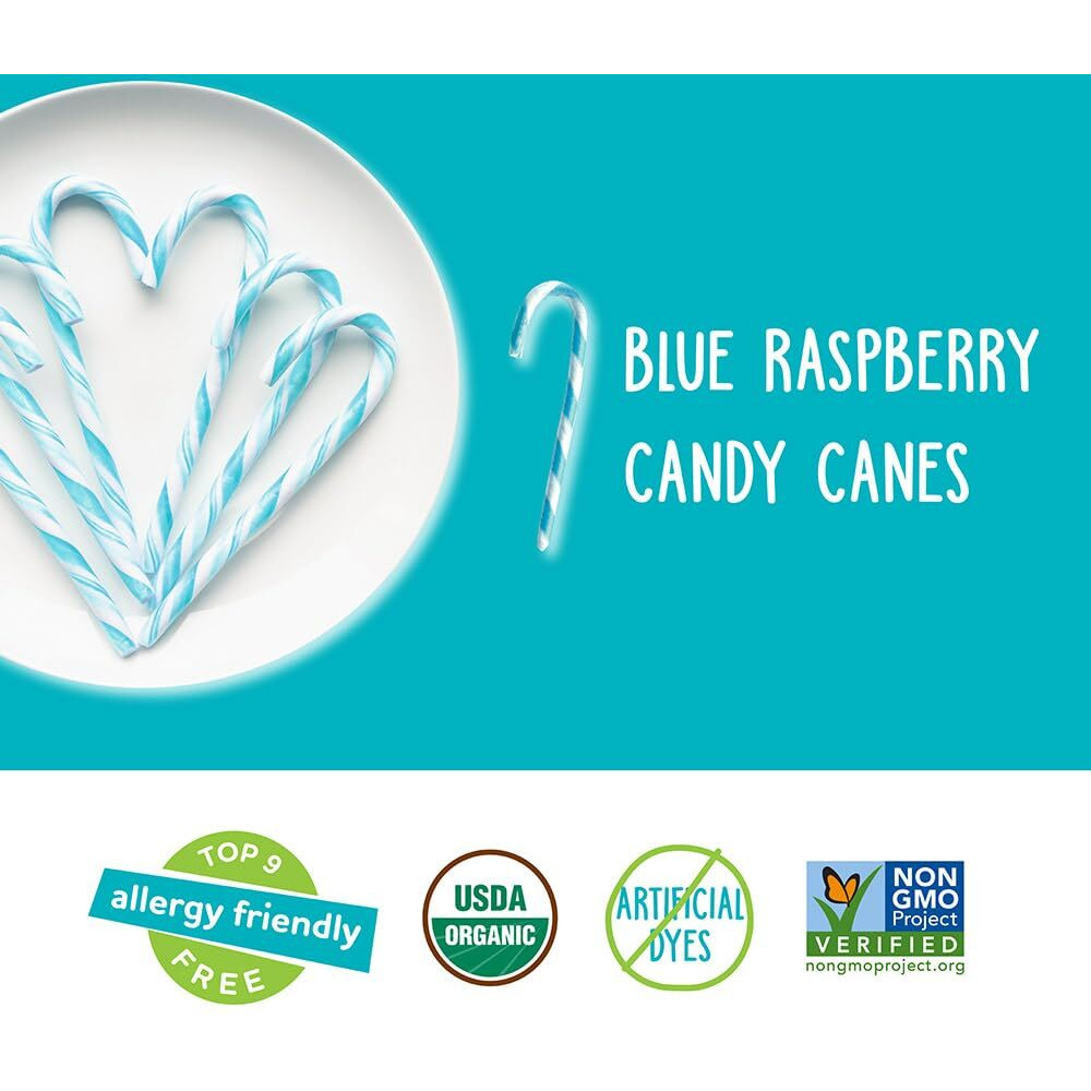 Yumearth Organic Candy Canes - Individually Wrapped Full Size Blue Raspberry Candy Canes - Dye Free, Allergy Friendly, Non Gmo, Gluten Free, Vegan - 10 Count (Pack Of 1)
