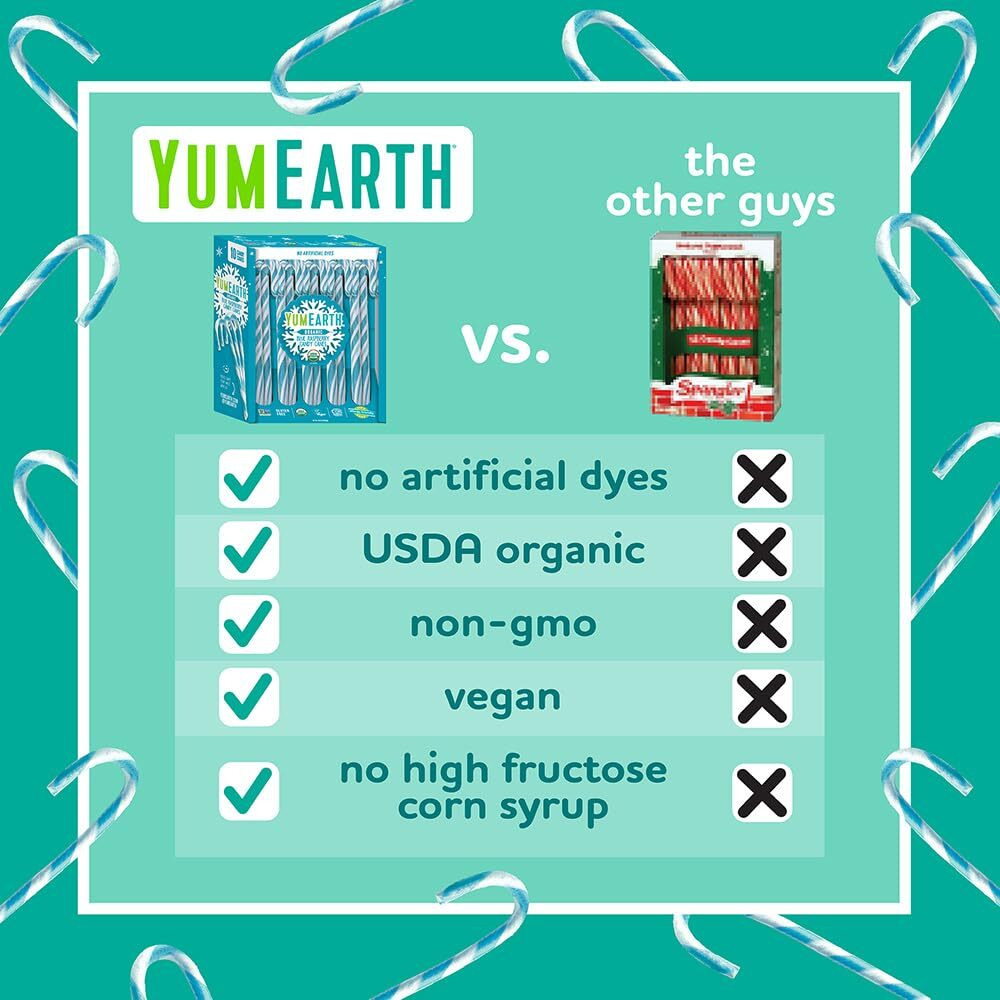 Yumearth Organic Candy Canes - Individually Wrapped Full Size Blue Raspberry Candy Canes - Dye Free, Allergy Friendly, Non Gmo, Gluten Free, Vegan - 10 Count (Pack Of 1)