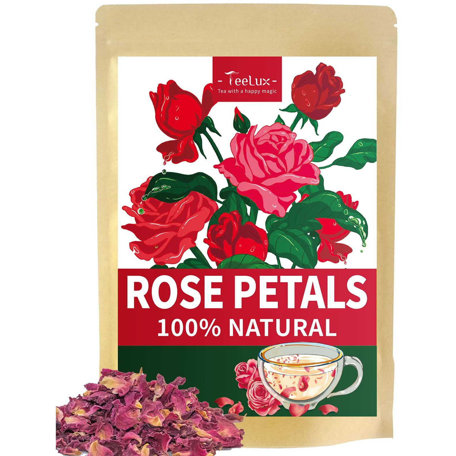 Teelux Rose Petals Tea, Premium Food Grade Dried Rose Flowers For Drinks, Baking, Diy Beauty, Crafts, All Natural, Caffeine Free, 2.82Oz