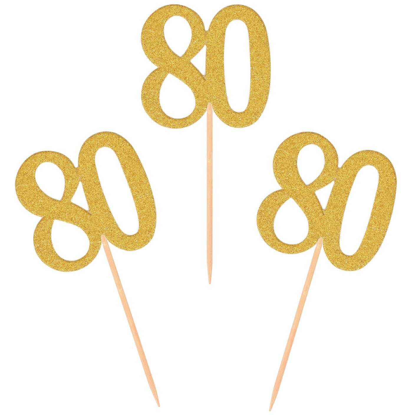 Donoter 50Pcs 80Th Cupcake Toppers Gold Glitter Number 80 Cake Picks For Birthday Anniversary Party Decoration