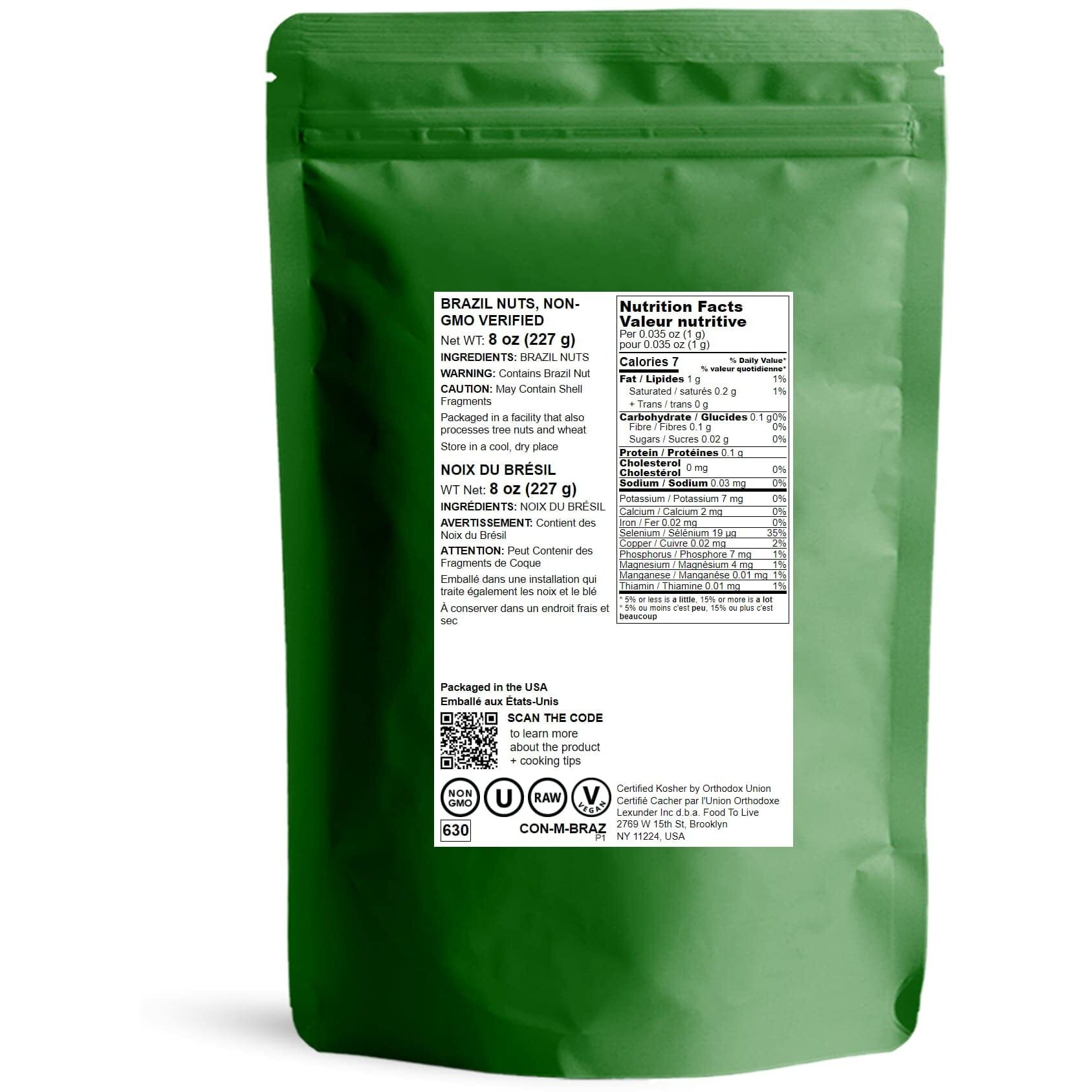Food To Live - Raw Brazil Nuts, 8 Ounces Non-Gmo Verified, Raw, Whole, No Shell, Unsalted, Kosher, Vegan, Keto And Paleo Friendly, Bulk, Good Source Of Selenium, Low Sodium And Low Carb Food.