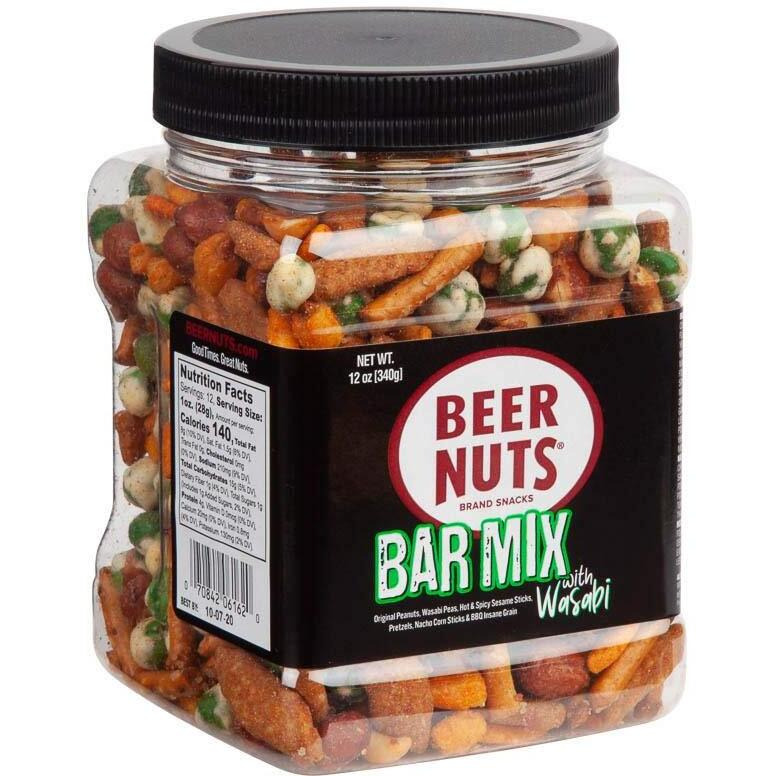 Beer Nuts Bar Mix W/Wasabi - Pretzels, Cheese Stix, Sesame Stix, Insane Grain & Wasabi Peas - 12Oz Resealable Jar (Pack Of 1)