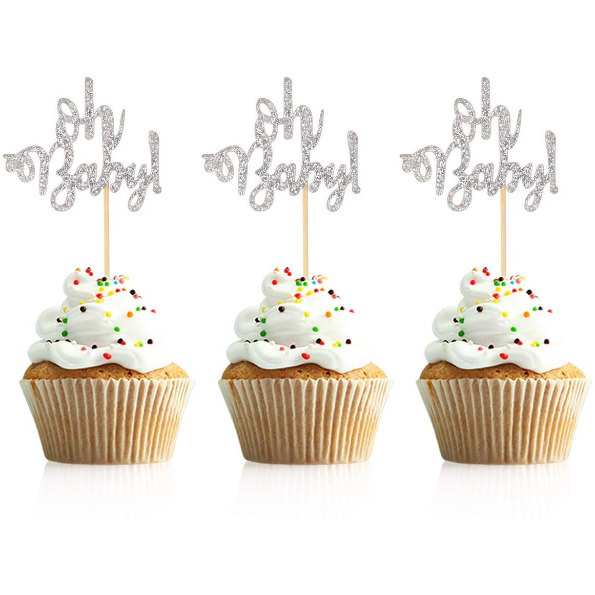 Donoter 48 Pcs Silver Glitter Oh Baby Cupcake Topper Picks For Baby Shower Party Cake Decorations