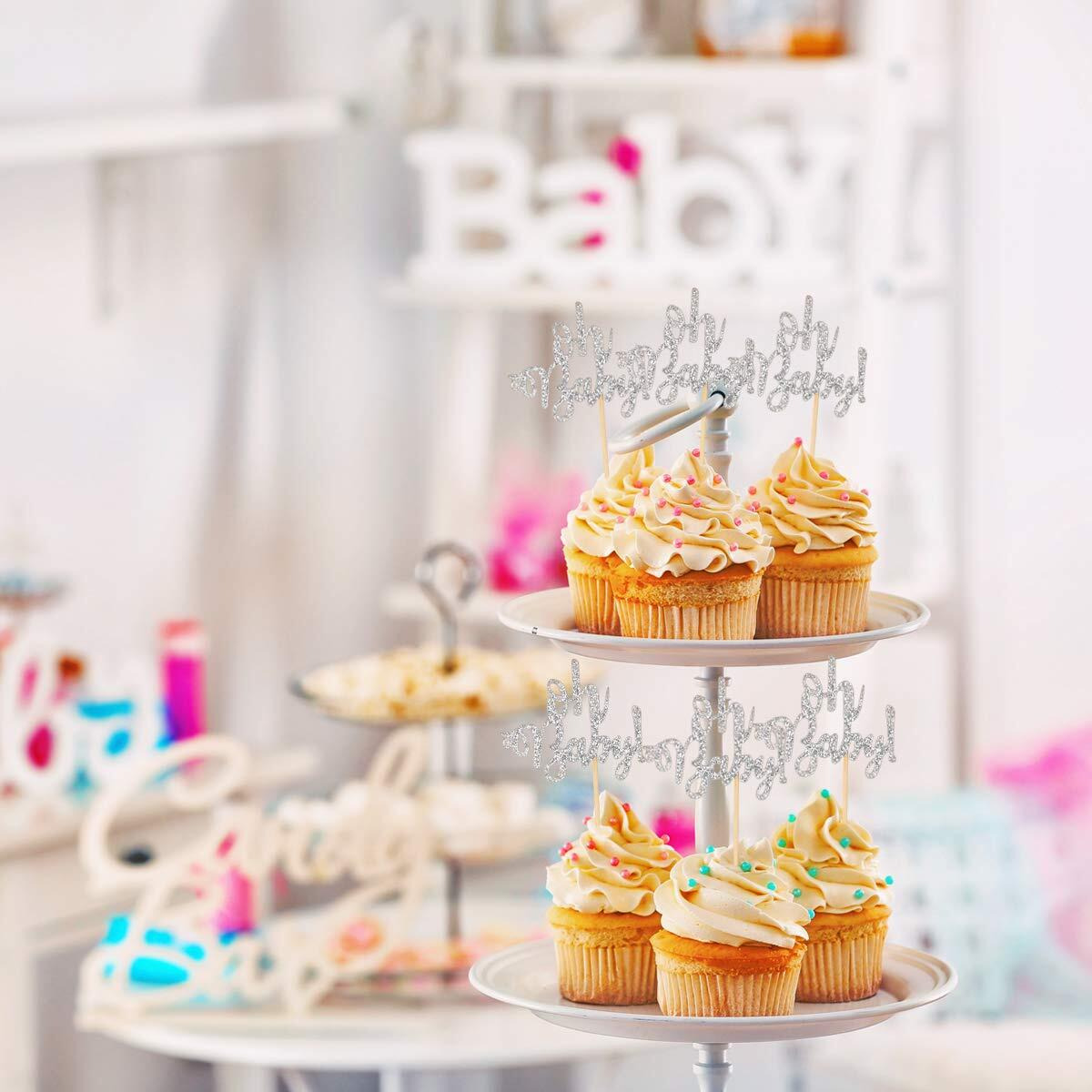 Donoter 48 Pcs Silver Glitter Oh Baby Cupcake Topper Picks For Baby Shower Party Cake Decorations